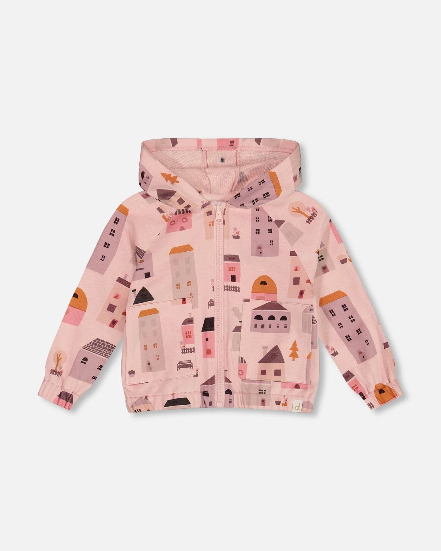 Printed French Terry Hoodie Cardigan Pink And Coral Houses - Deux par Deux