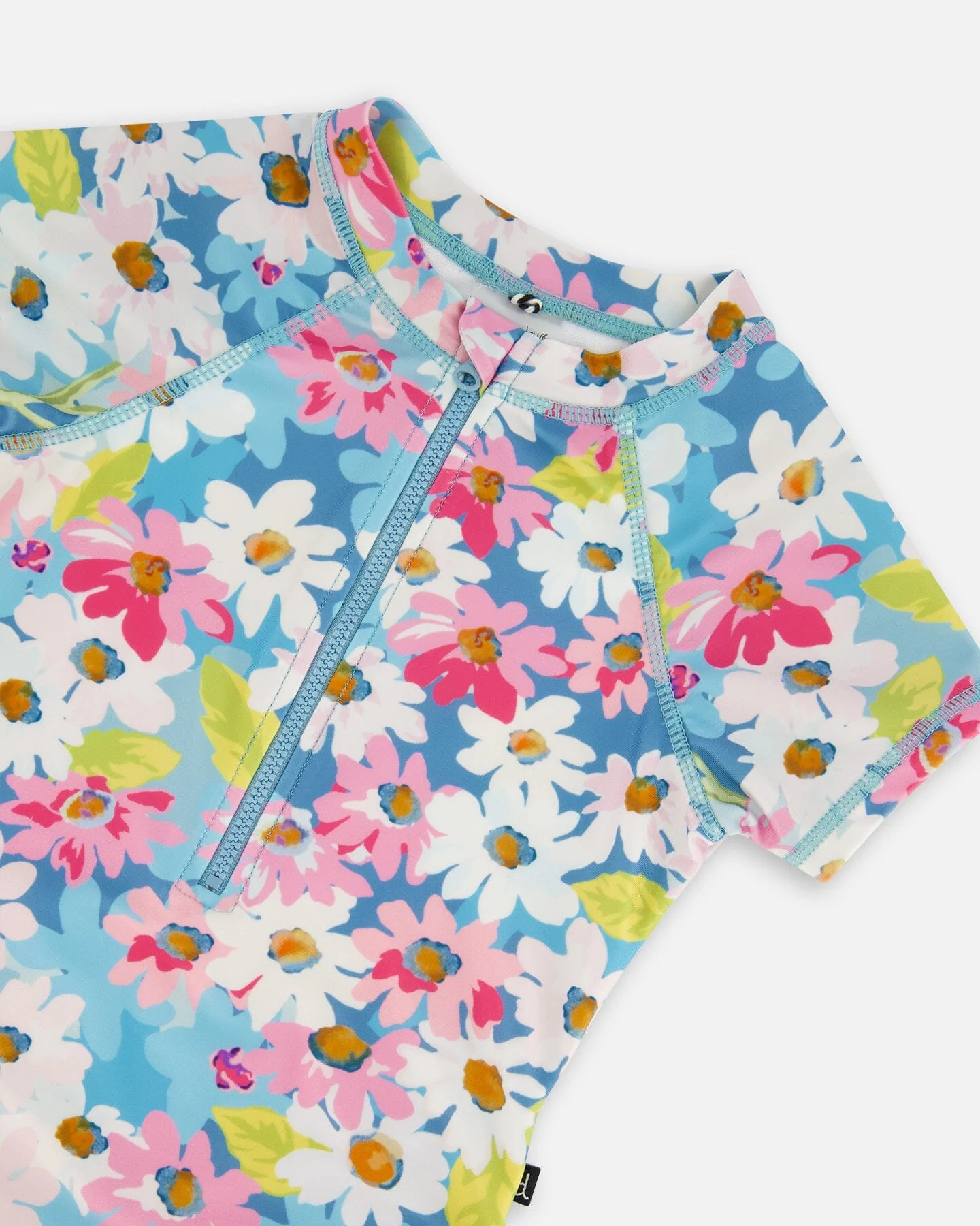 Printed Short Sleeve One-Piece Swimsuit With Frills White, Pink, And Green Flowers - Deux par Deux