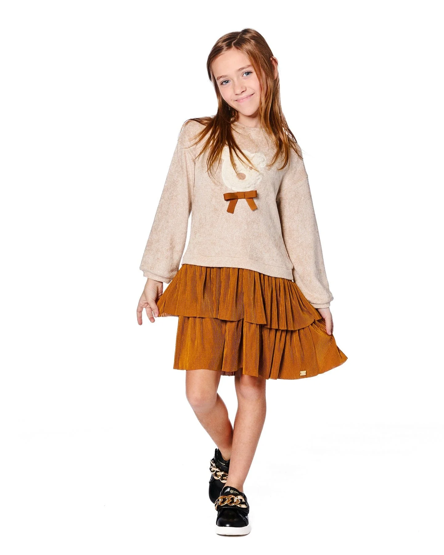 Bi-Material Dress Caramel Brown With Layered Skirt - Deux par Deux