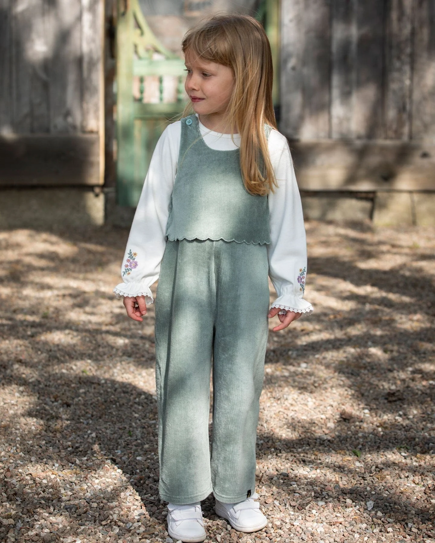 Stretch Velour Faux-Layered Overalls Jade Green - Deux par Deux