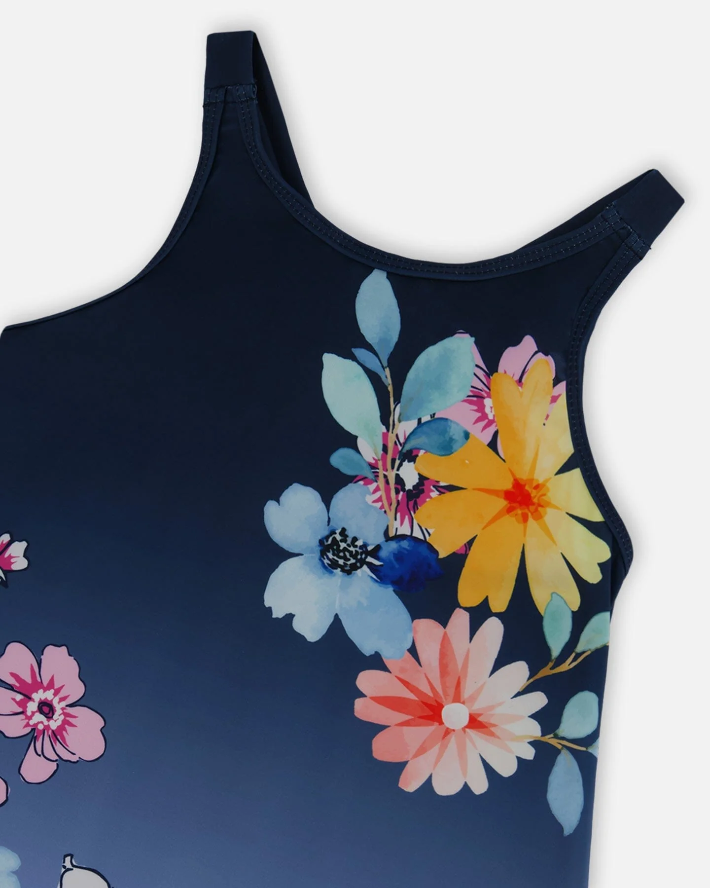Printed Beach Dress Yellow, Pink Flowers On Navy Blue Background - Deux par Deux