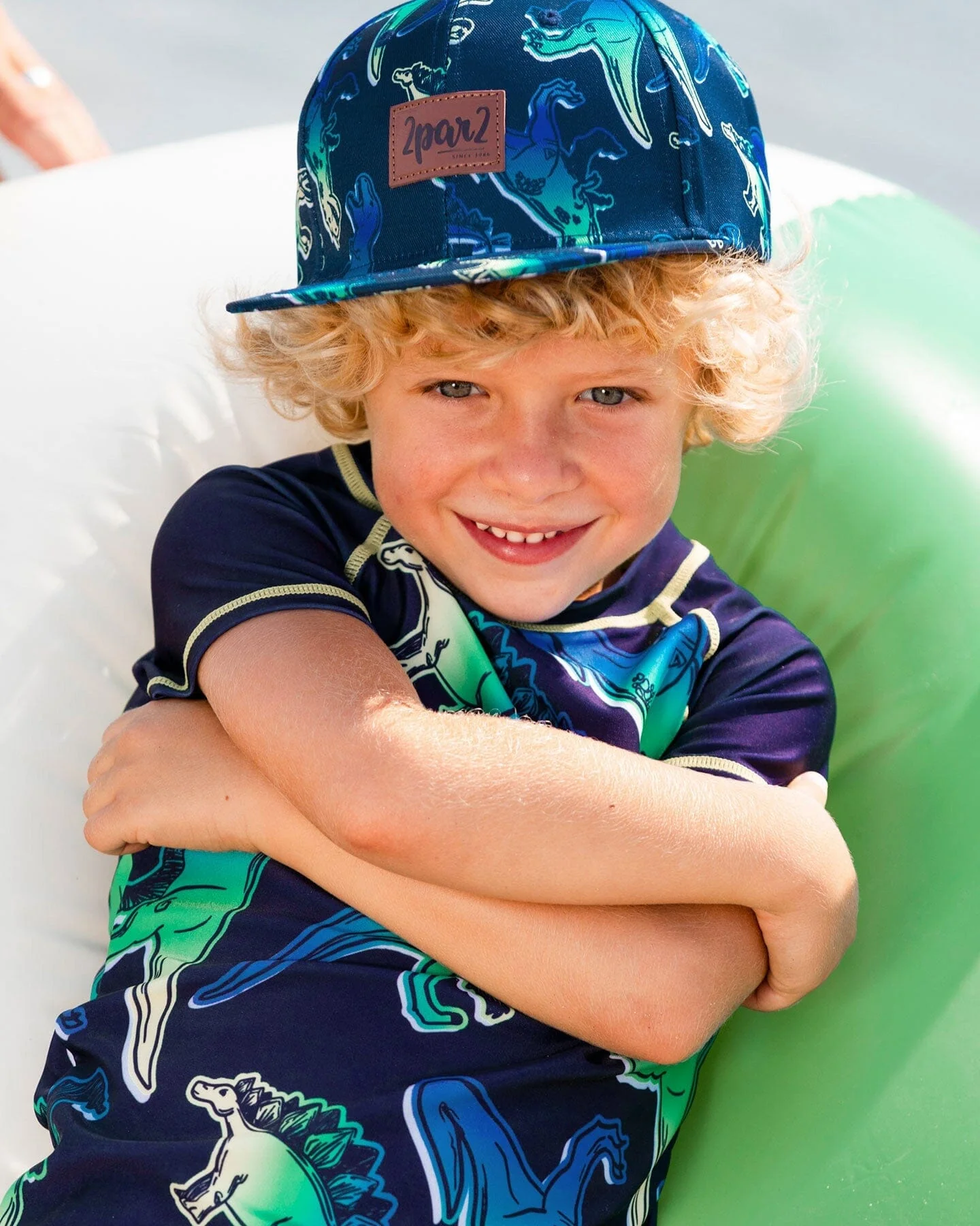 Printed Cap Blue And Green Dino On Navy - Deux par Deux
