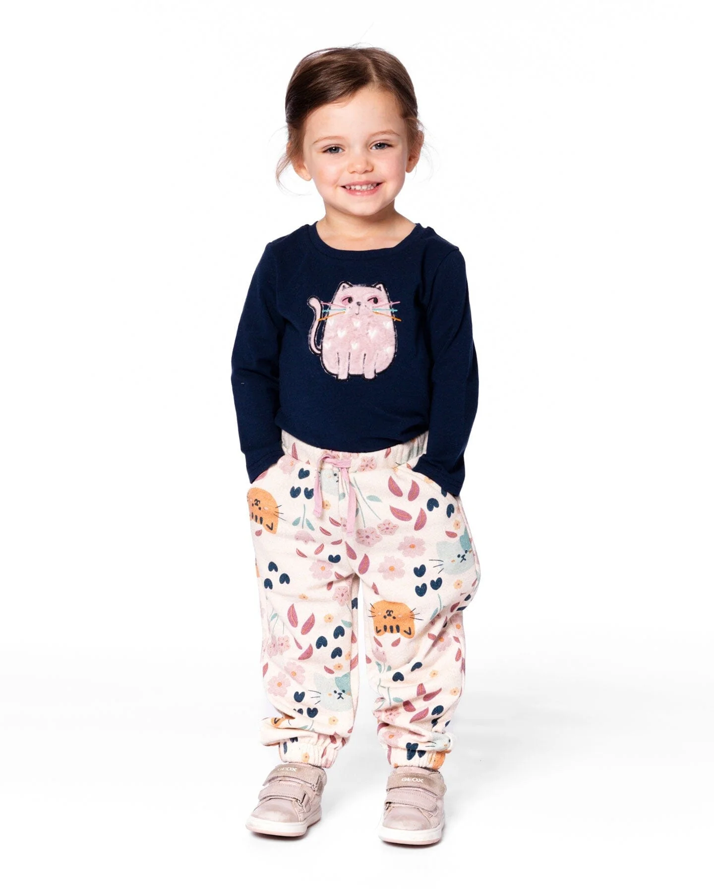 Organic Cotton T-Shirt Dark Blue With Cat - Deux par Deux