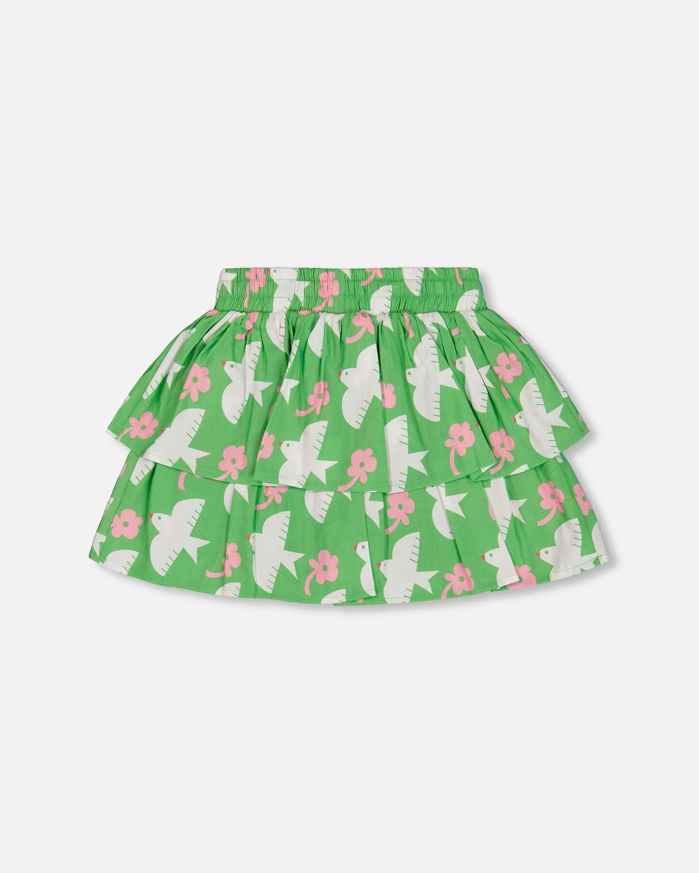 Tiered Elastic Waist Skirt Green With White And Pink Bird - Deux par Deux