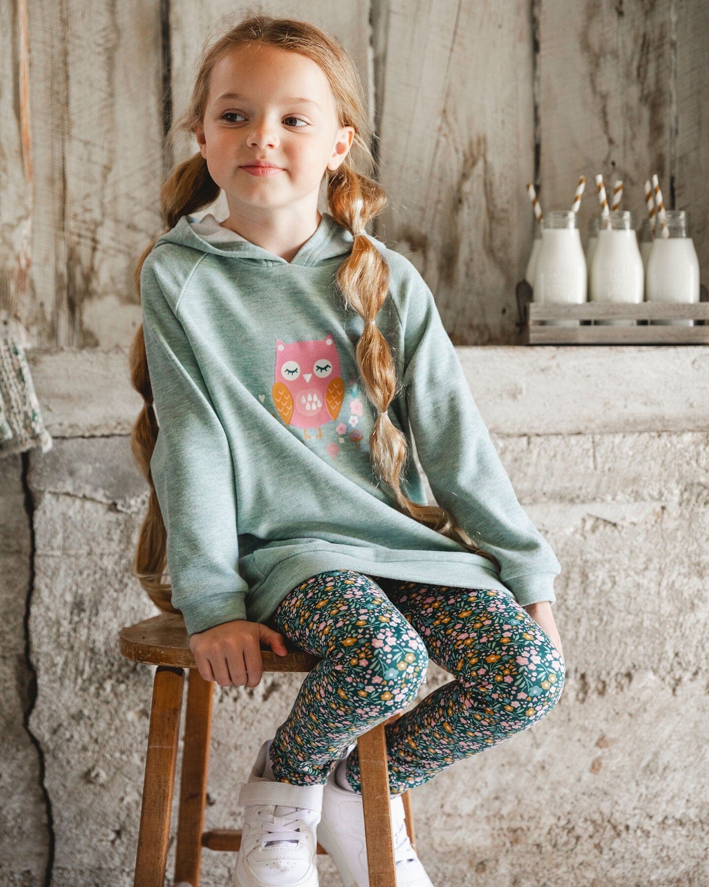 Hooded Tunic Sage Green With Owl Print - Deux par Deux
