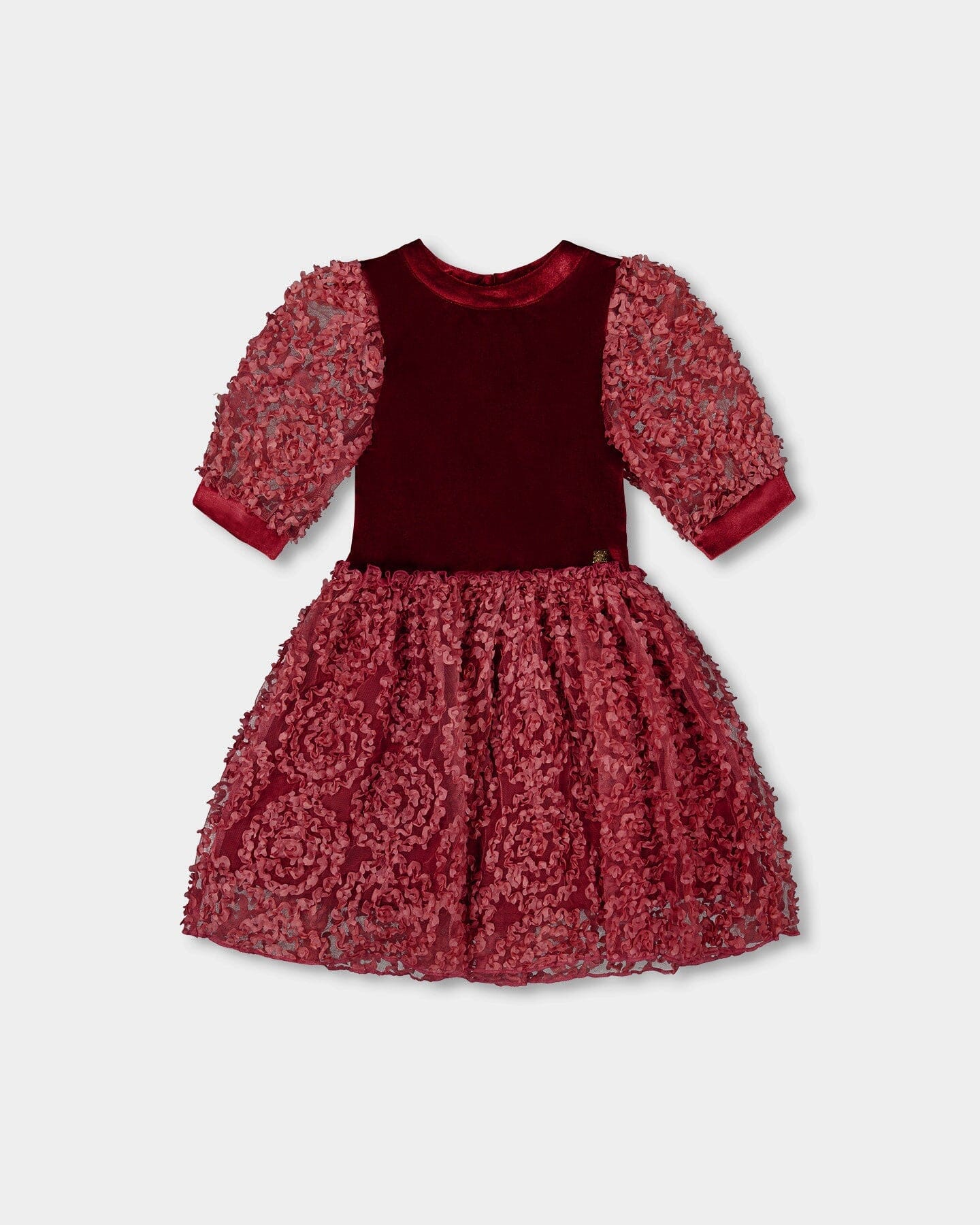 Puff Sleeve Bi-Material Velour And Lace Dress Red - Deux par Deux
