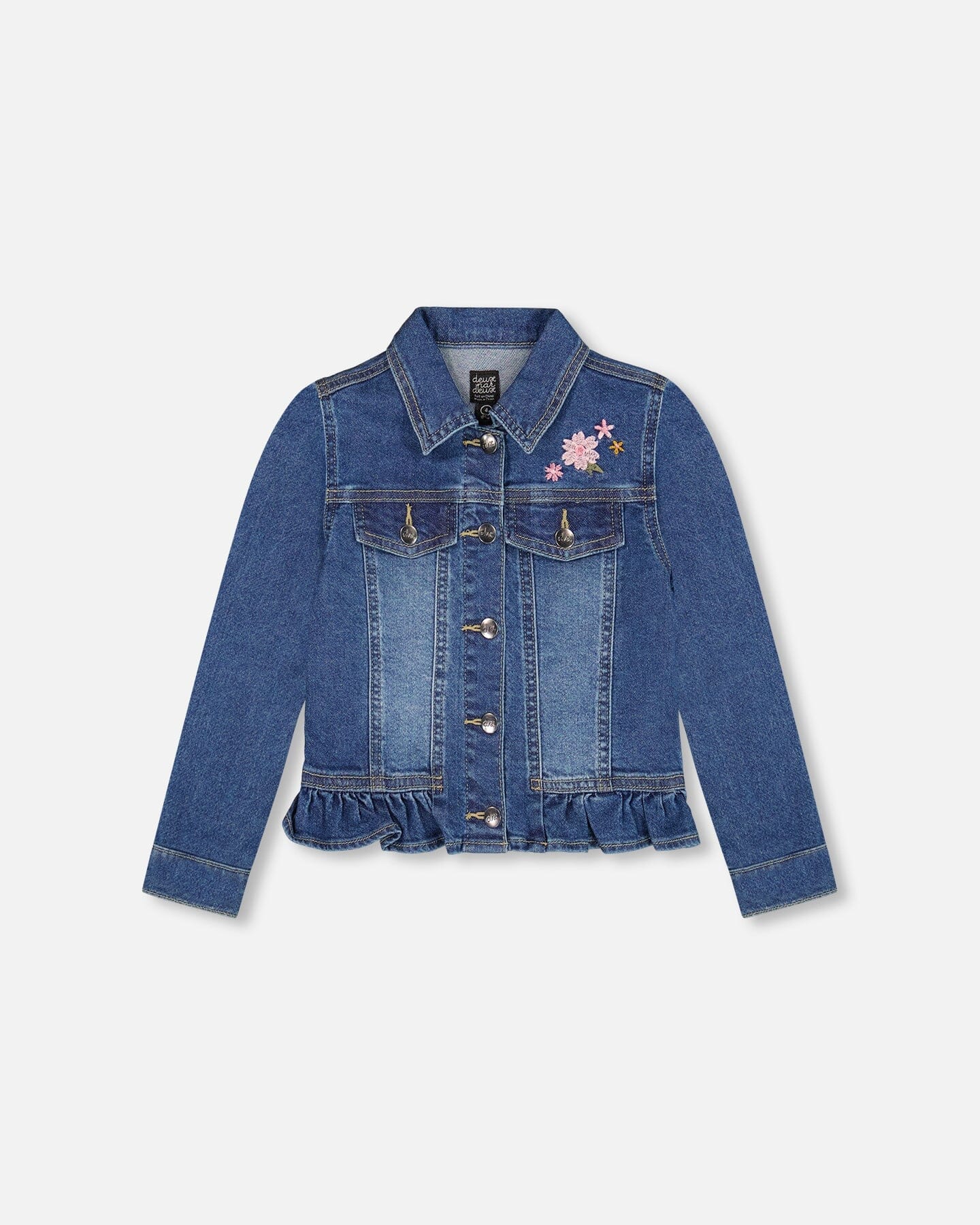 Denim Jacket Blue With Ruffle Hem And Floral Embroidery - Deux par Deux
