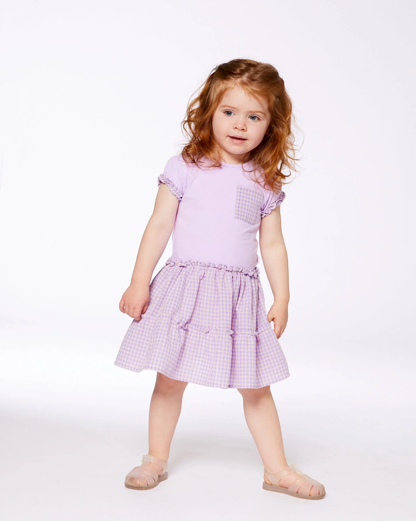 Bi-Material Dress With Ruffle Gingham Skirt Lilac And White - Deux par Deux