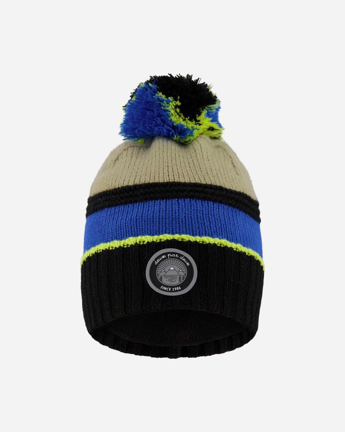 Lined Knit Pompom Hat Black, Taupe And Lime Green - Deux par Deux