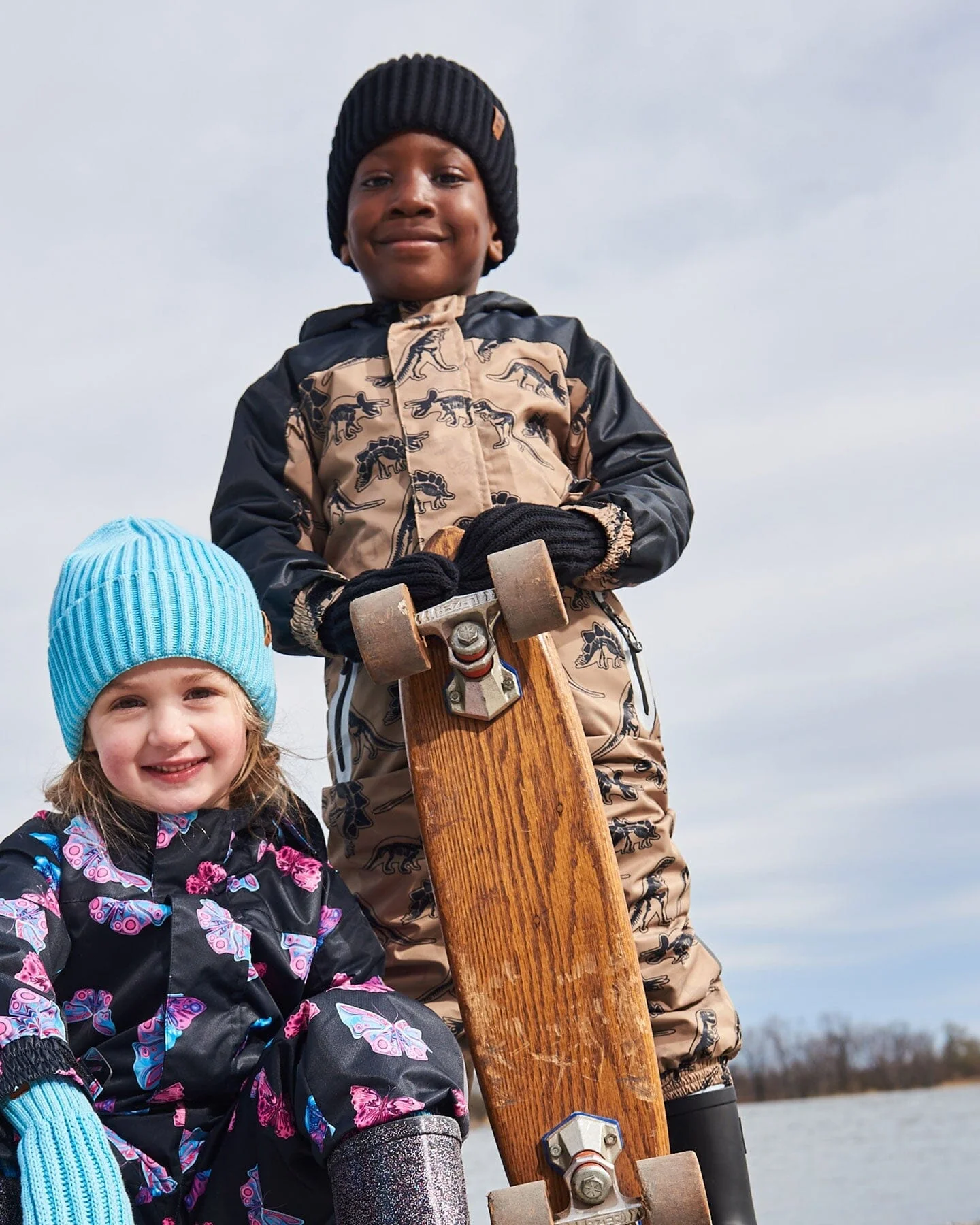Printed Mid-Season One-Piece Outerwear Black Dinosaur On Beige Background - Deux par Deux