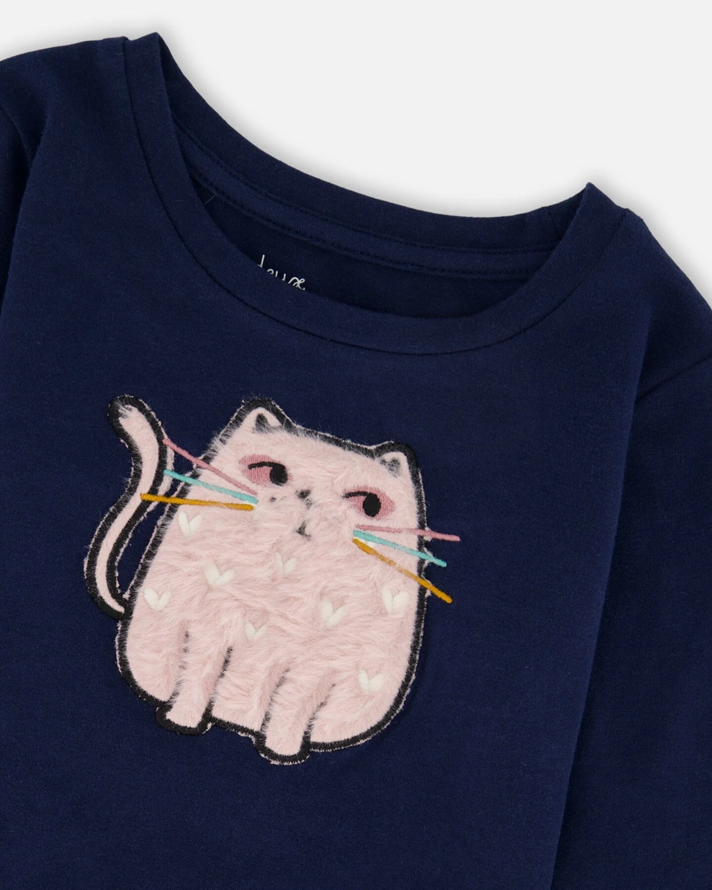 Organic Cotton T-Shirt Dark Blue With Cat - Deux par Deux