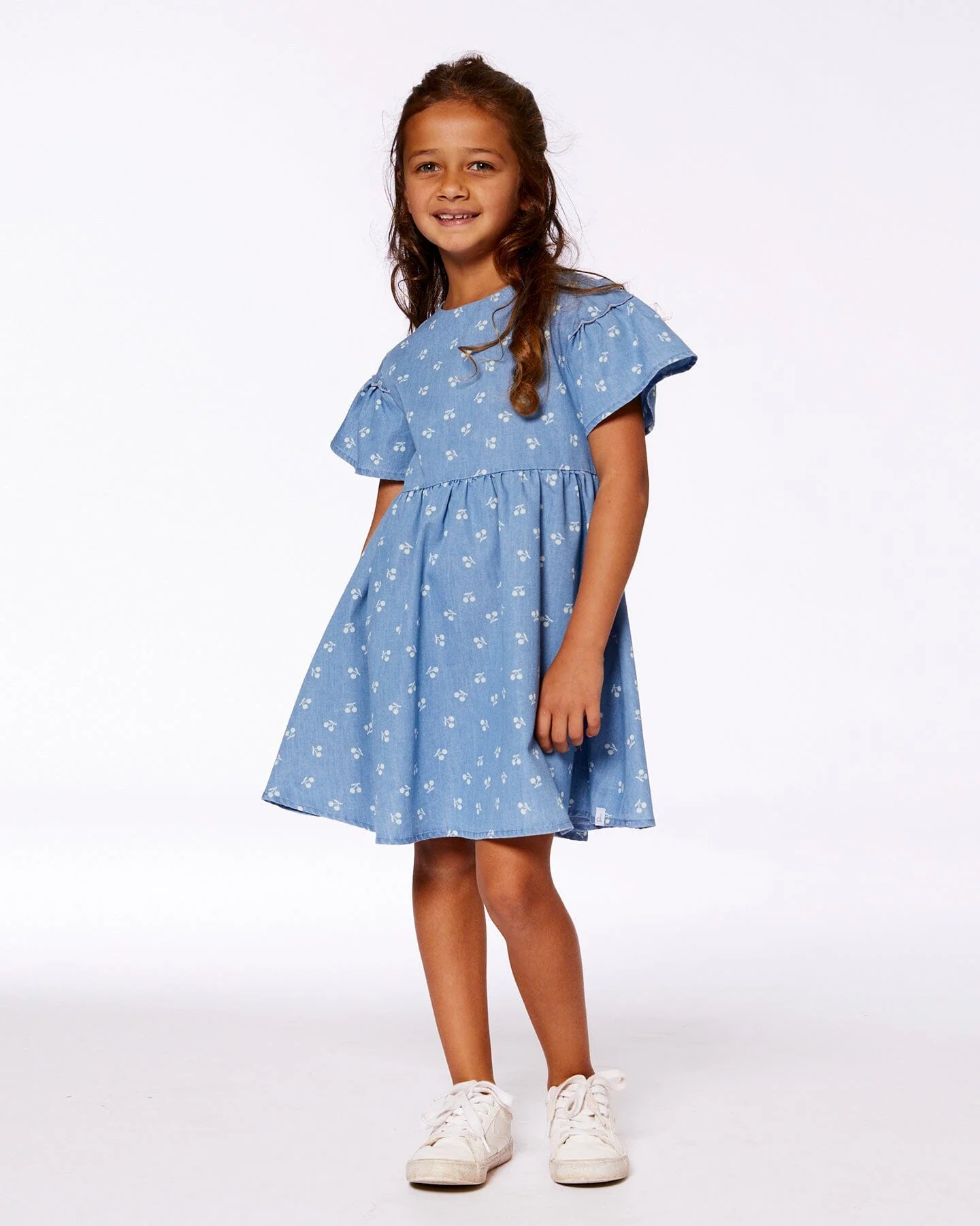 Printed Chambray Dress Blue And White Cherries - Deux par Deux