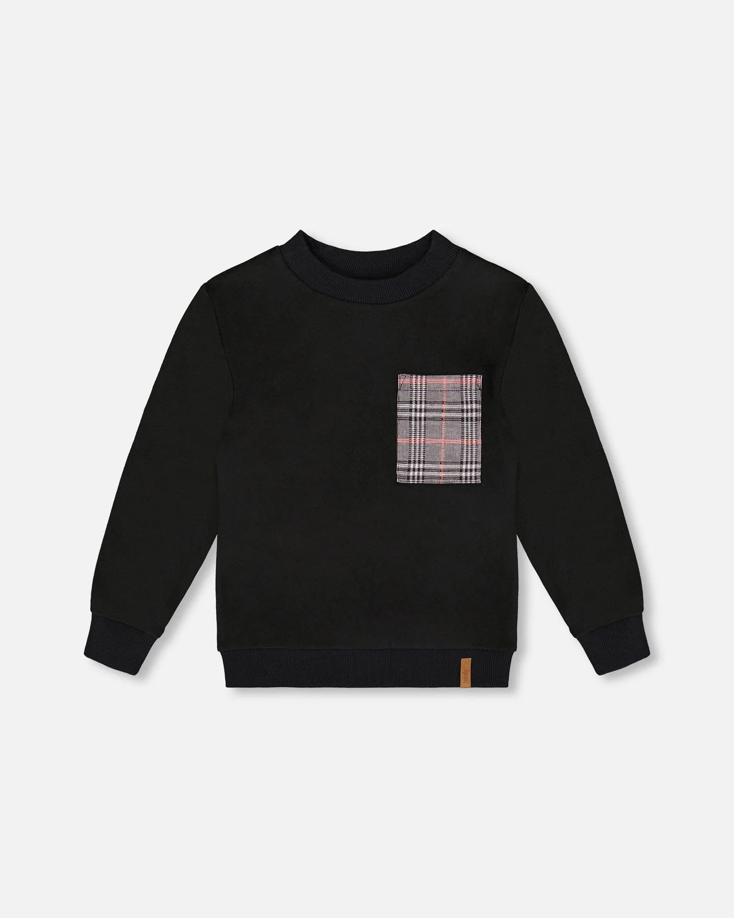 Super Soft Brushed Jersey Long Sleeve Top Black With Plaid Pocket - Deux par Deux