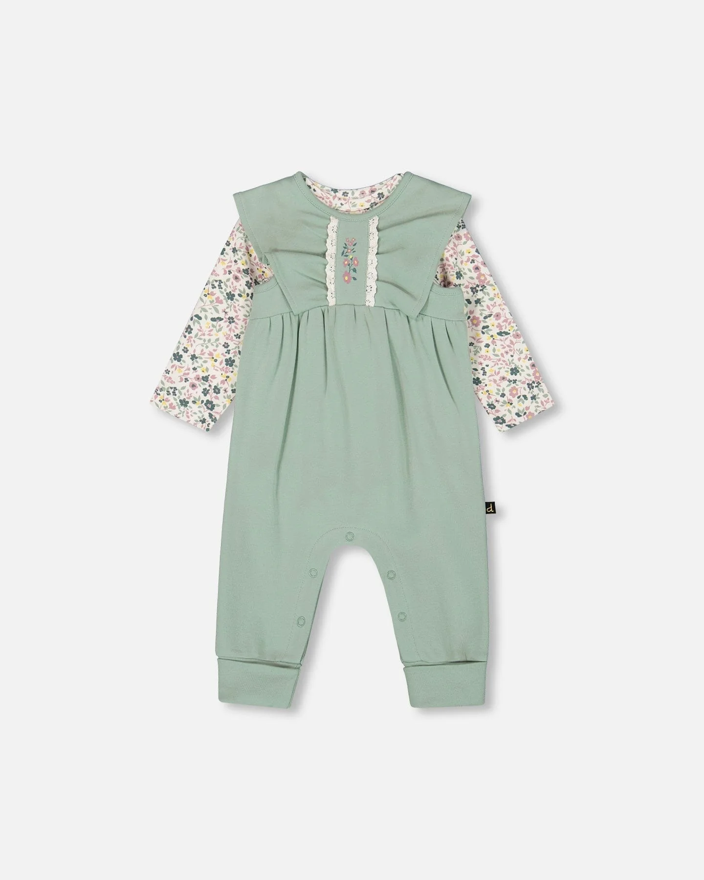 Organic Cotton Bodysuit And Sleeveless Overalls Set Jade Green - Deux par Deux