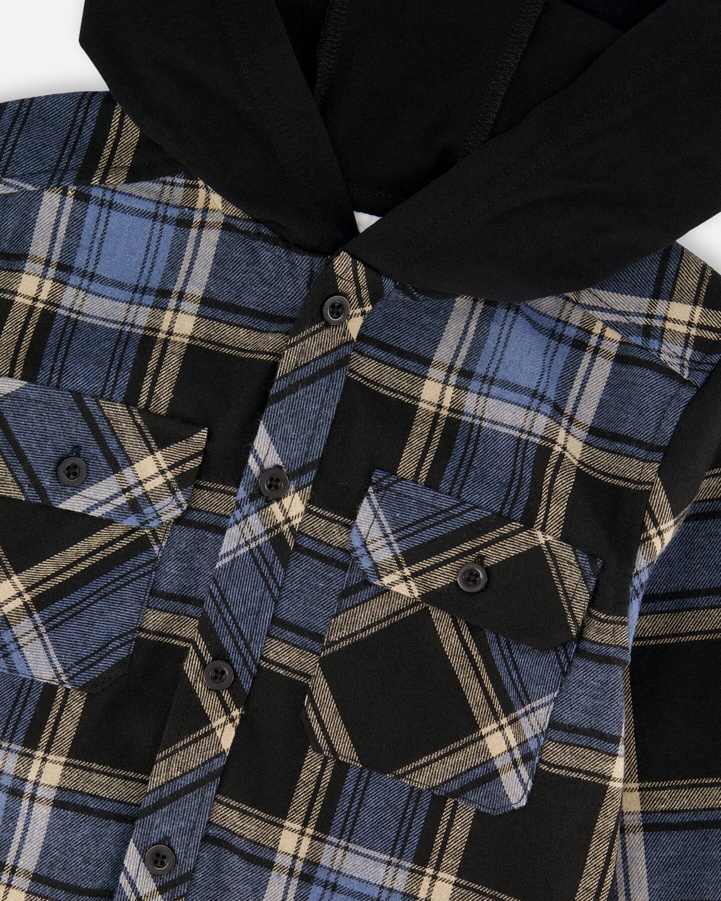 Long Sleeve Hooded Flannel Shirt Blue And Black - Deux par Deux