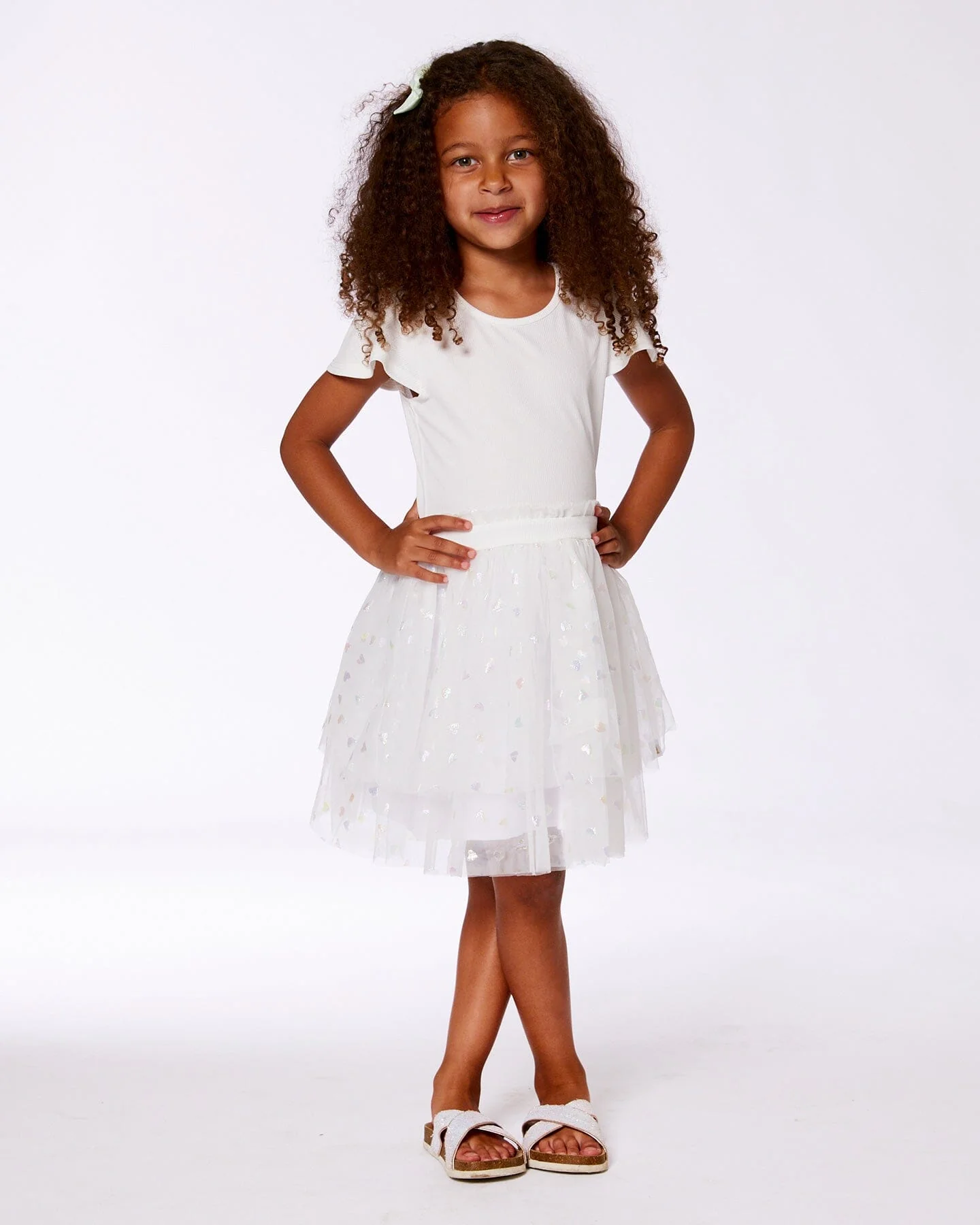 Bi-Material Dress With Glitter Hearts Skirt Snow White - Deux par Deux