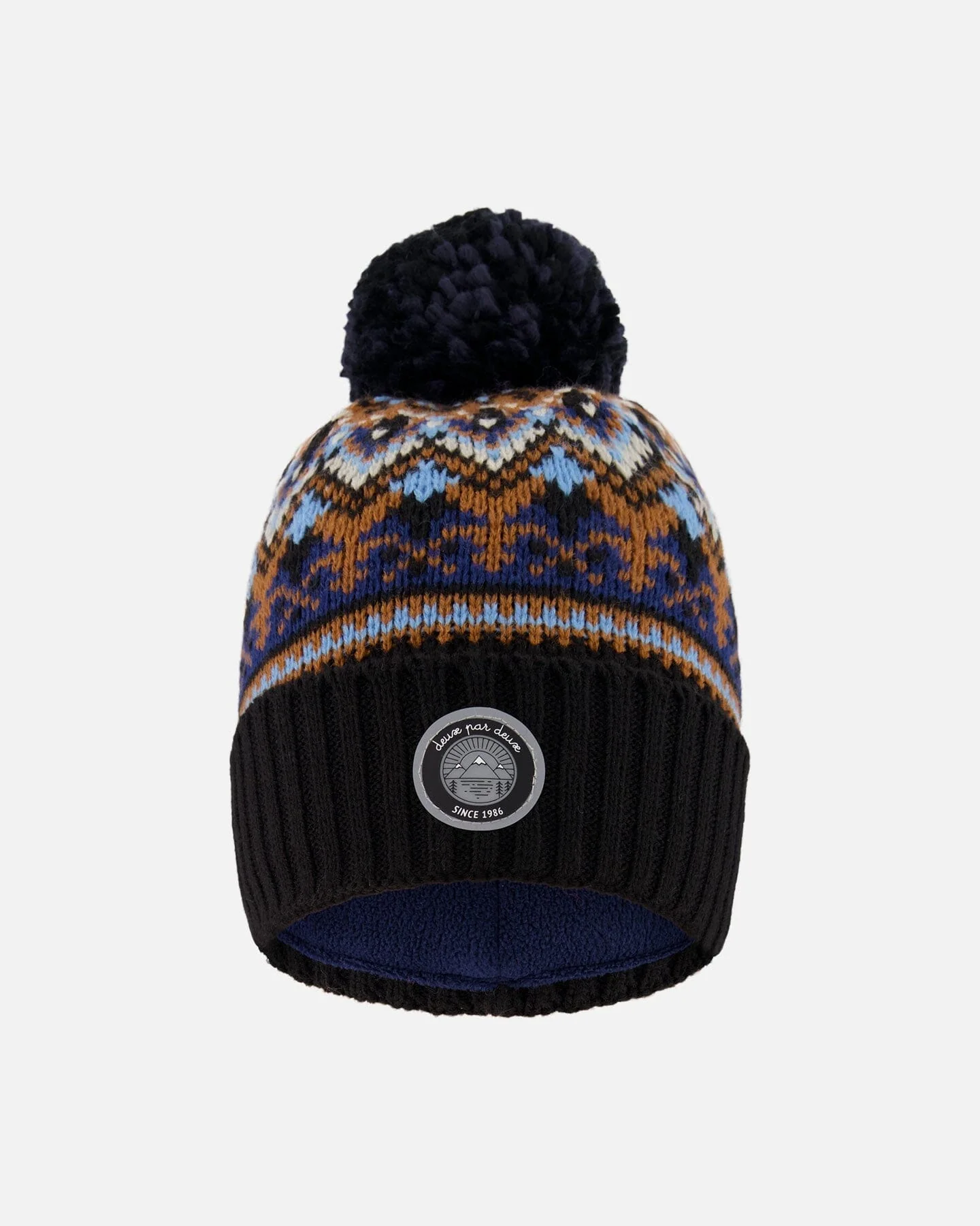 Lined Knit Winter Hat With Pompom Taupe And Navy - Deux par Deux