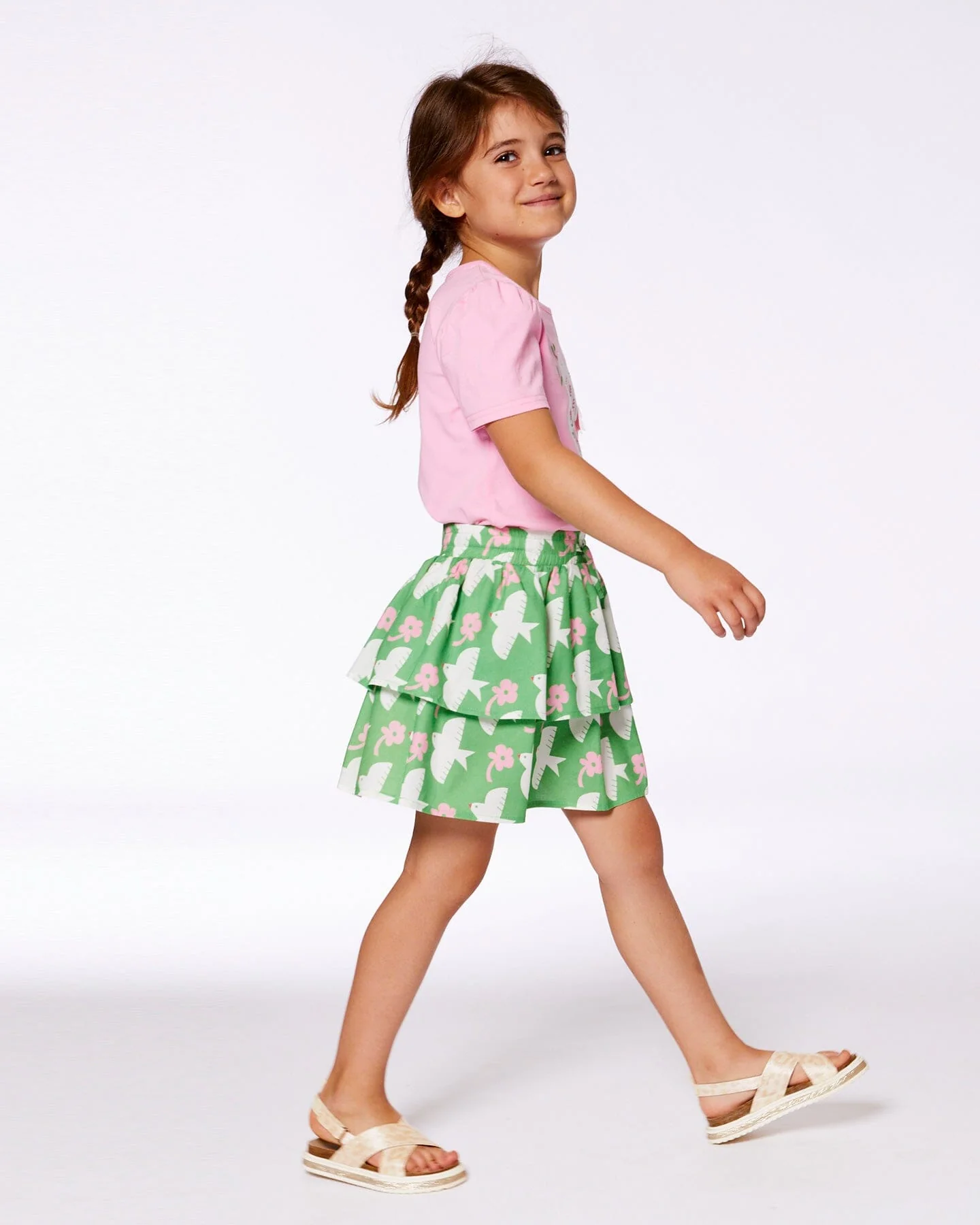 Tiered Elastic Waist Skirt Green With White And Pink Bird - Deux par Deux