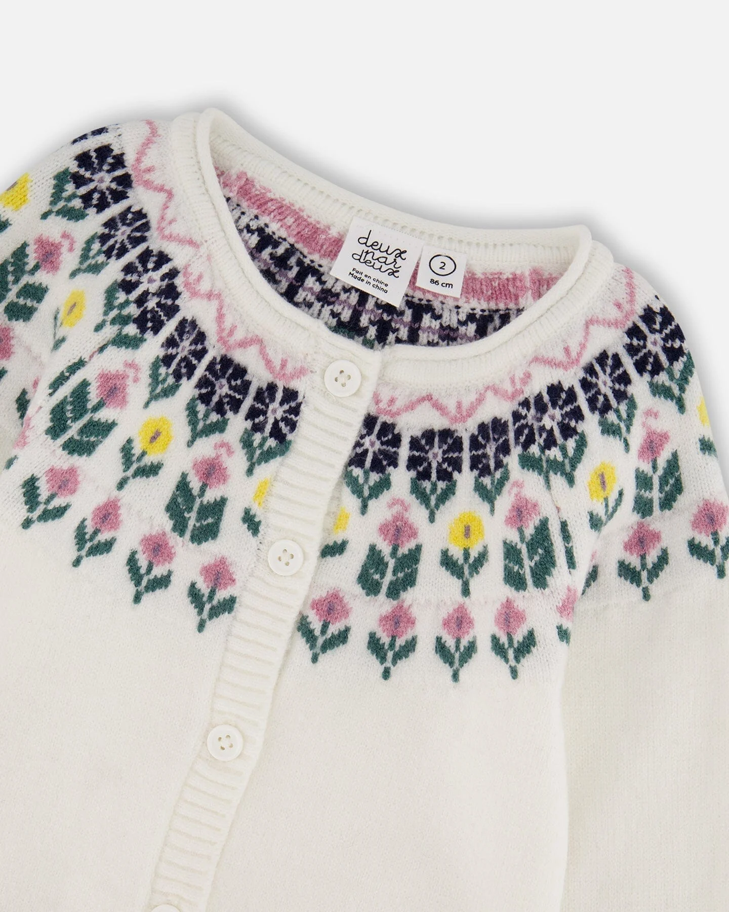 Jacquard Knit Cardigan Off-White With Floral Pattern - Deux par Deux