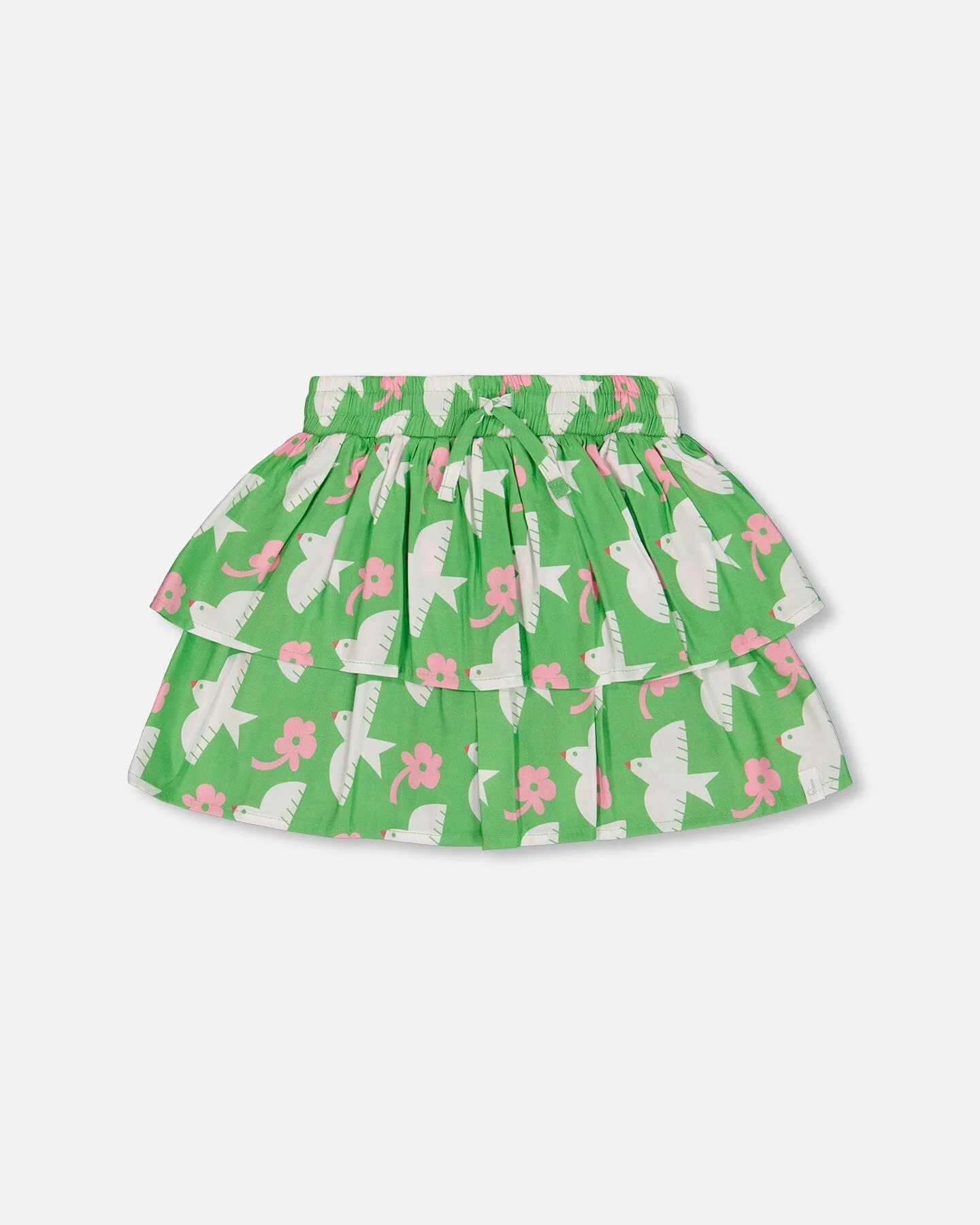 Tiered Elastic Waist Skirt Green With White And Pink Bird - Deux par Deux