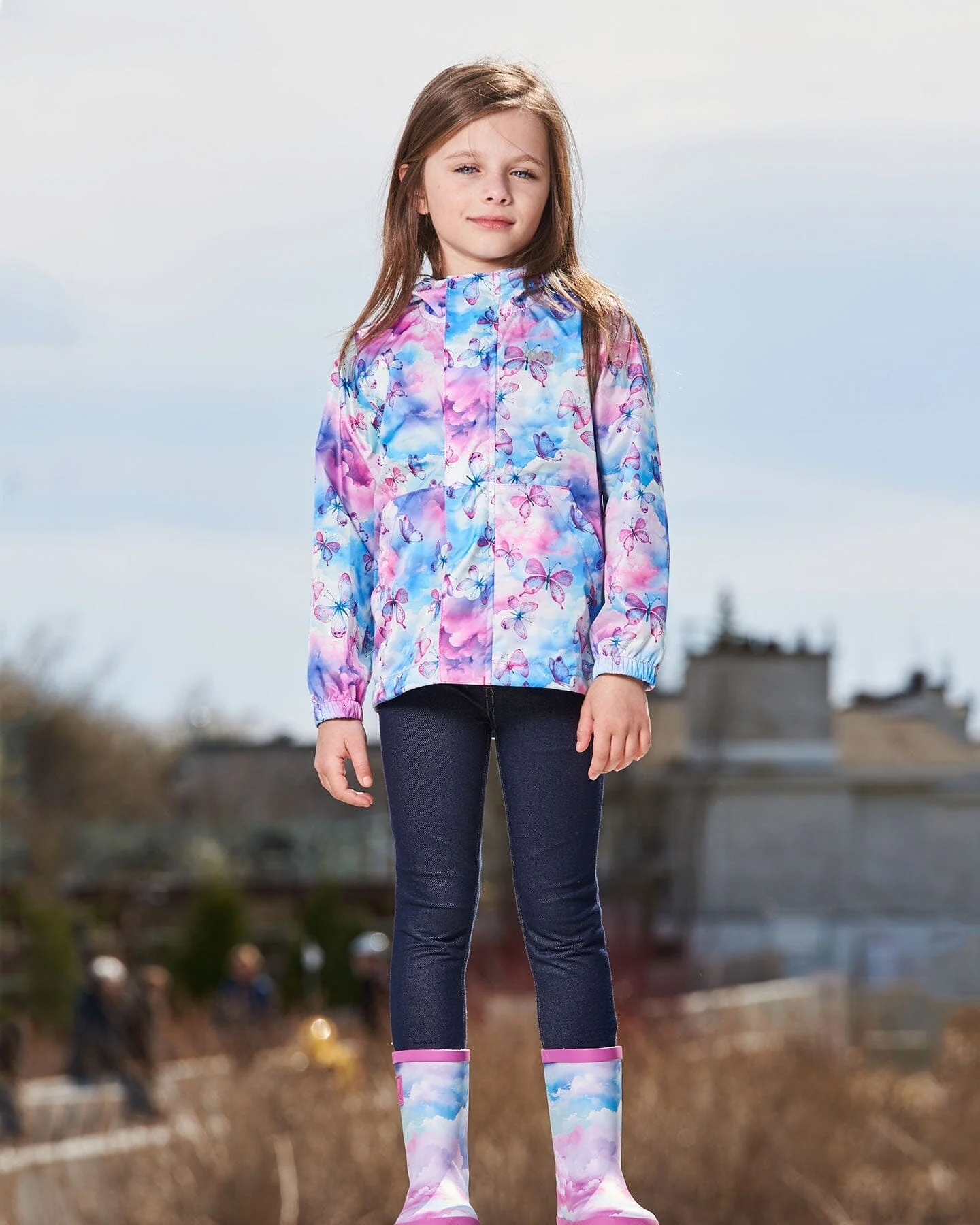 Printed Packable Windbreaker Butterflies On Multicolored Background - Deux par Deux