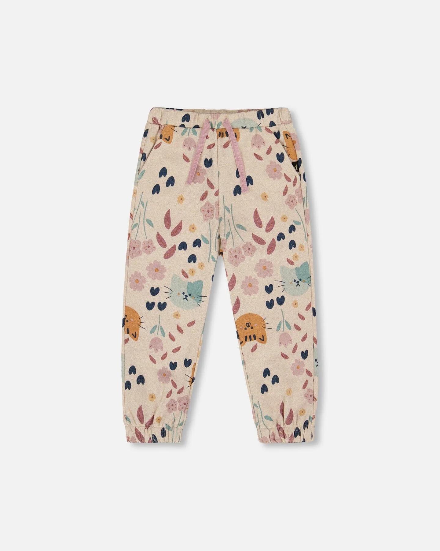 Glittering French Terry Sweatpant Beige Cat Print - Deux par Deux