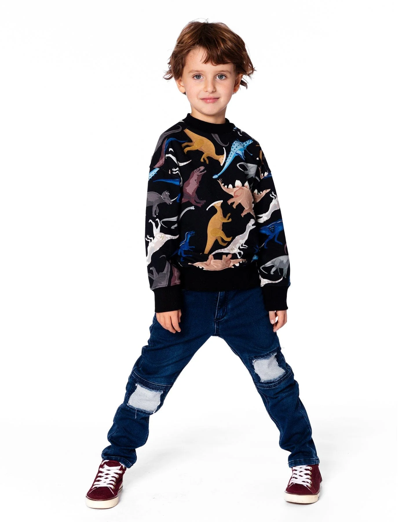 Pullover Fleece Sweatshirt Black Dinosaur Print - Deux par Deux