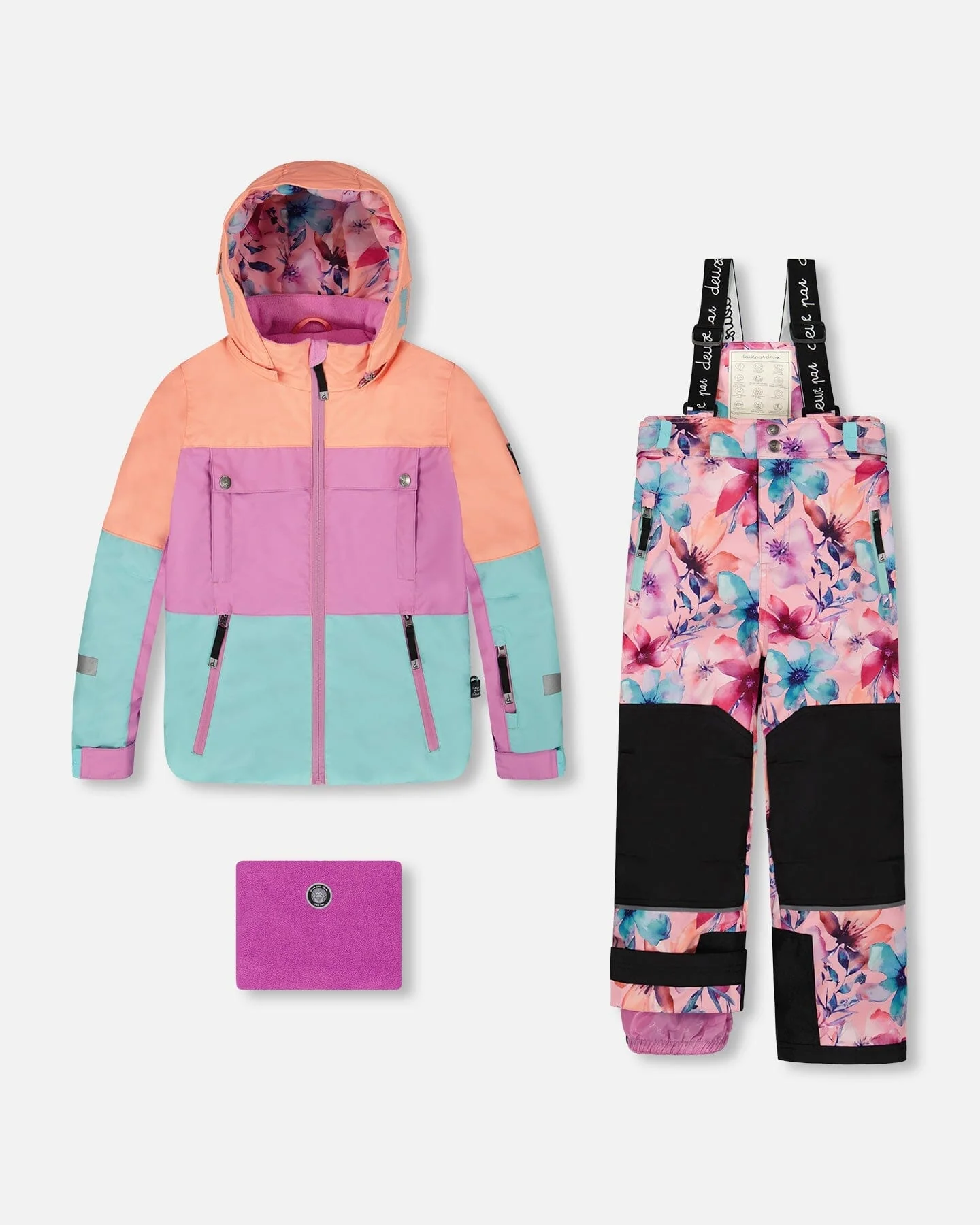 Two-Piece Teknik Snowsuit With Colorblocked Jacket Pink Watercolor Flower Print - Deux par Deux