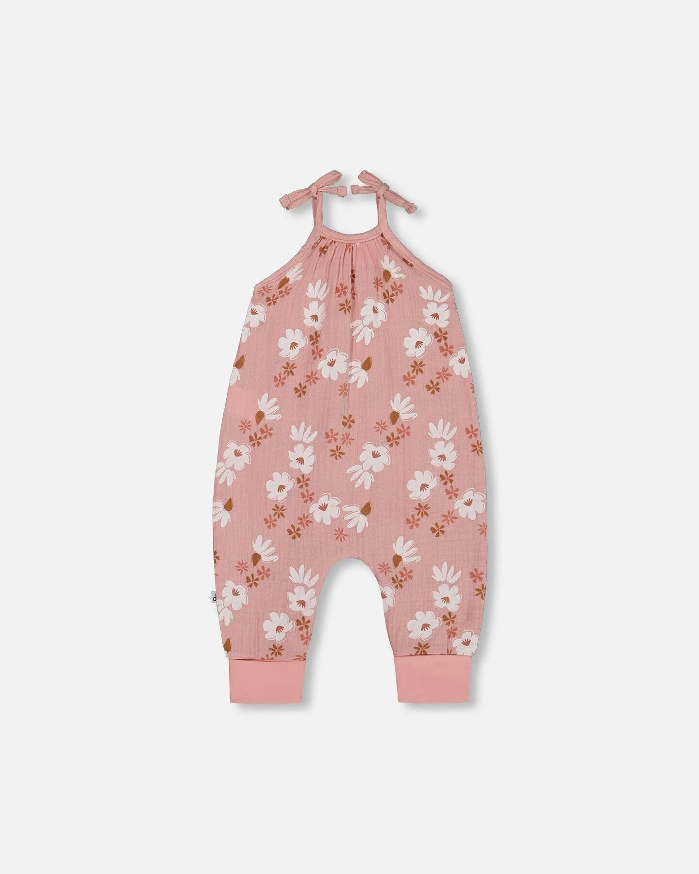 Printed Muslin Tie Strap Jumpsuit Pink And White Flowers - Deux par Deux