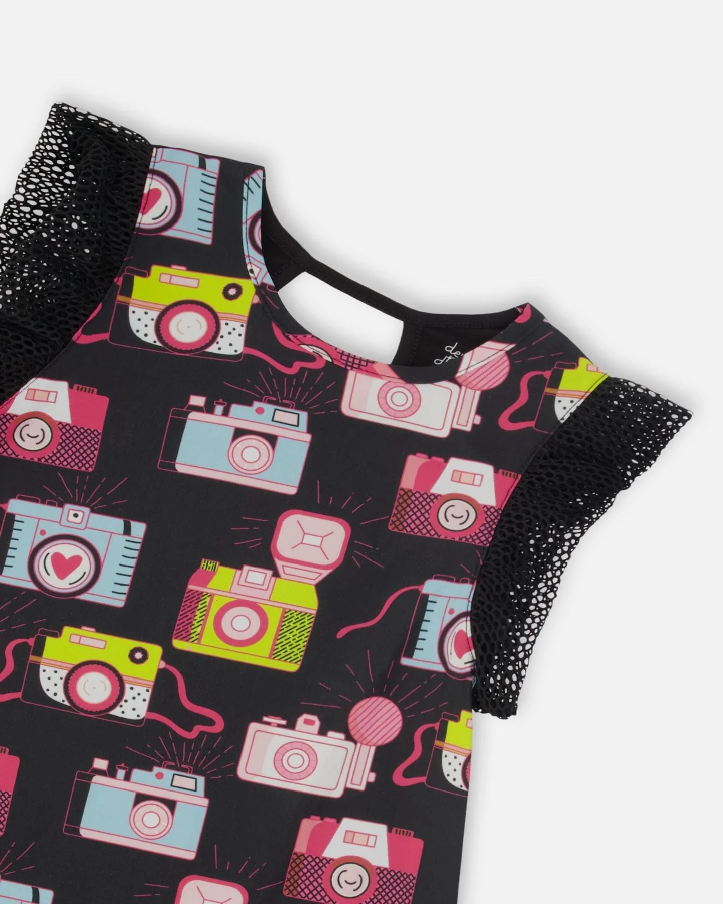 Printed Dress With Mesh Sleeves Black - Deux par Deux