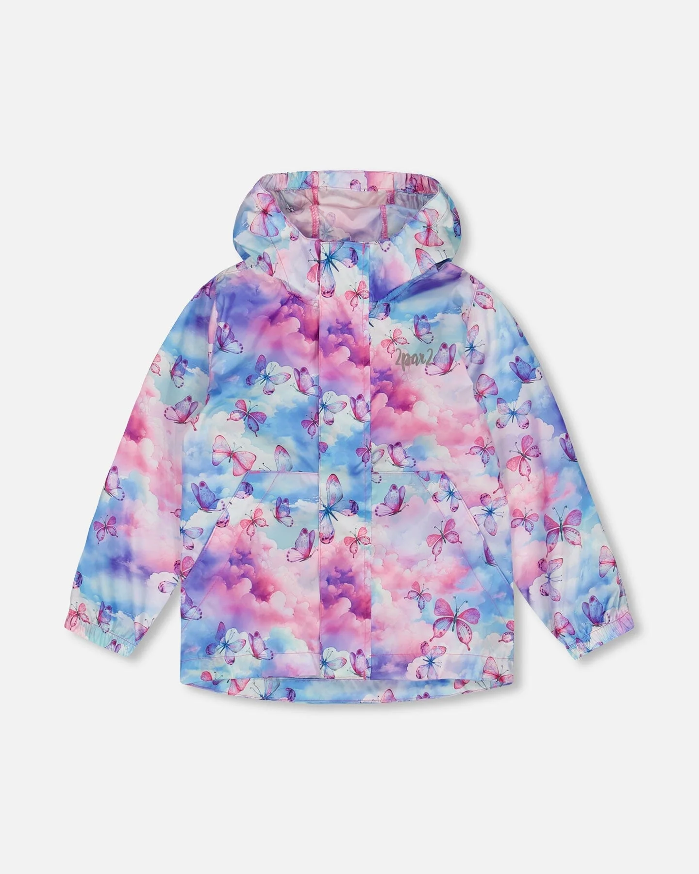 Printed Packable Windbreaker Butterflies On Multicolored Background - Deux par Deux