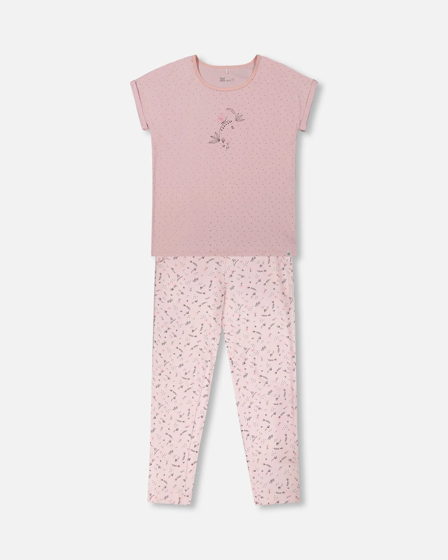 Women'S Printed Organic Cotton Two-Piece Pajama Set Small Pink Flowers On Pale Pink Background - Deux par Deux