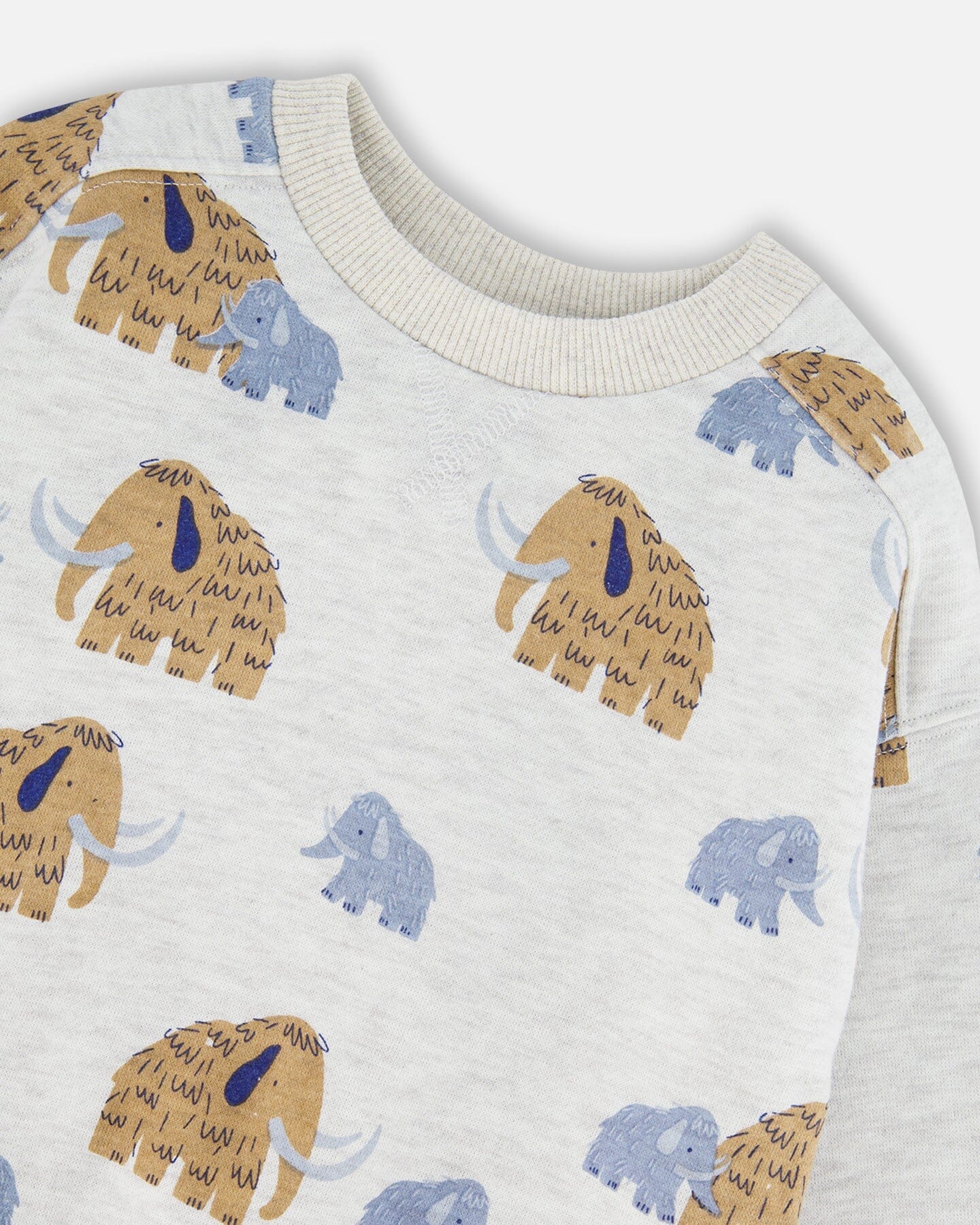 Long Sleeve Crew Neck Fleece Sweatshirt Beige Mammoth Print - Deux par Deux