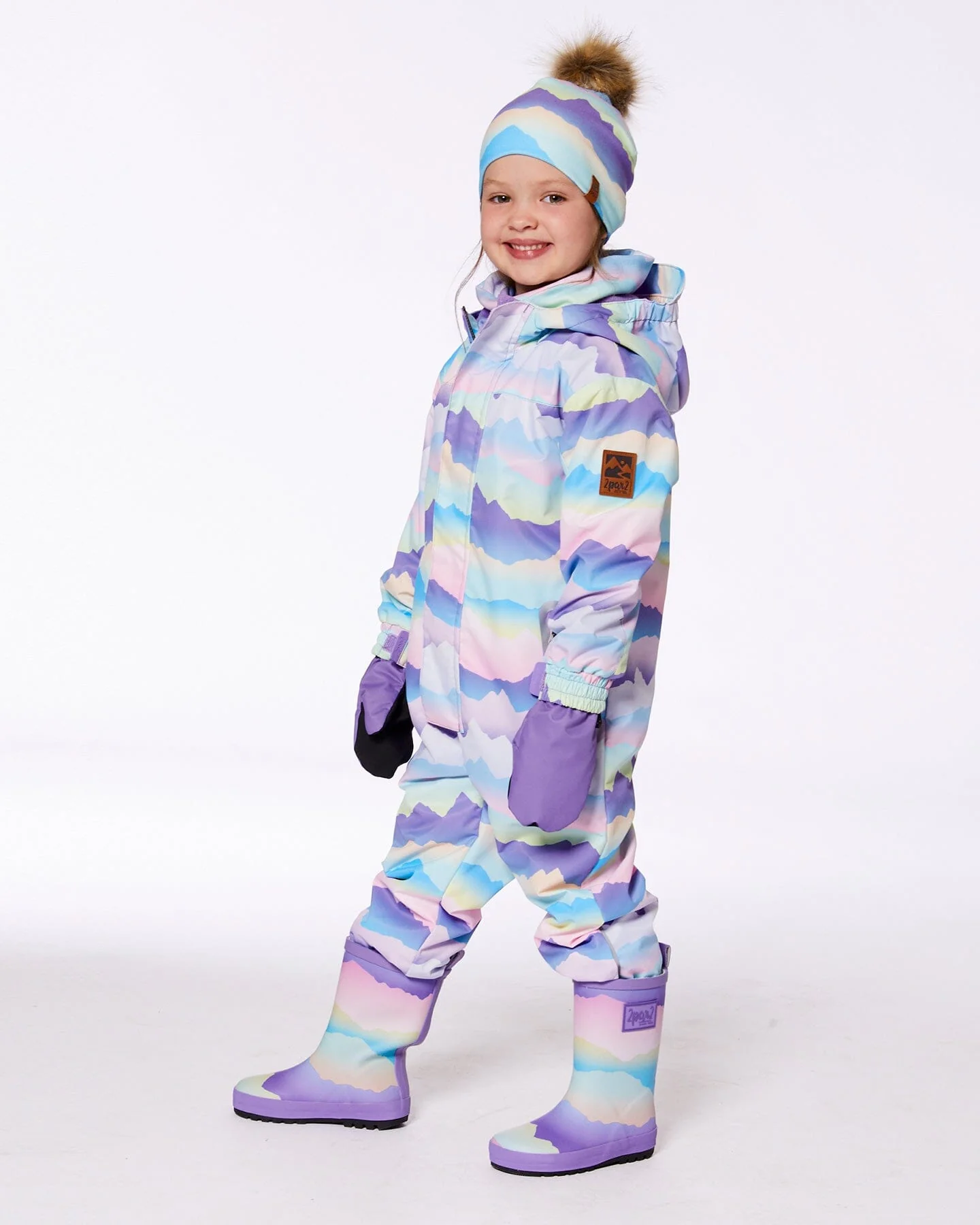 Printed Mid-Season One-Piece Outerwear Mauve And Blue, Pink Mountain - Deux par Deux