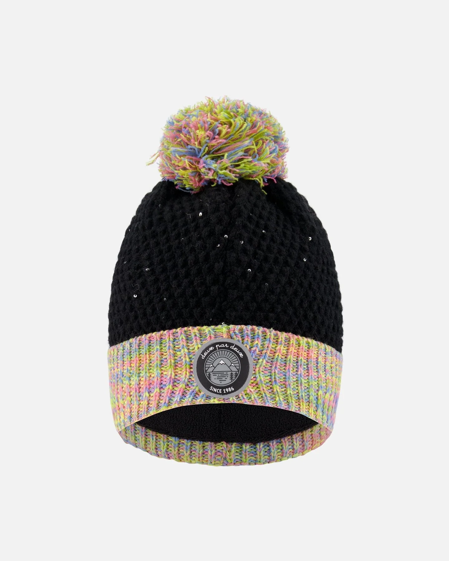 Lined Knit Hat With Pompom Black And Multicolor - Deux par Deux