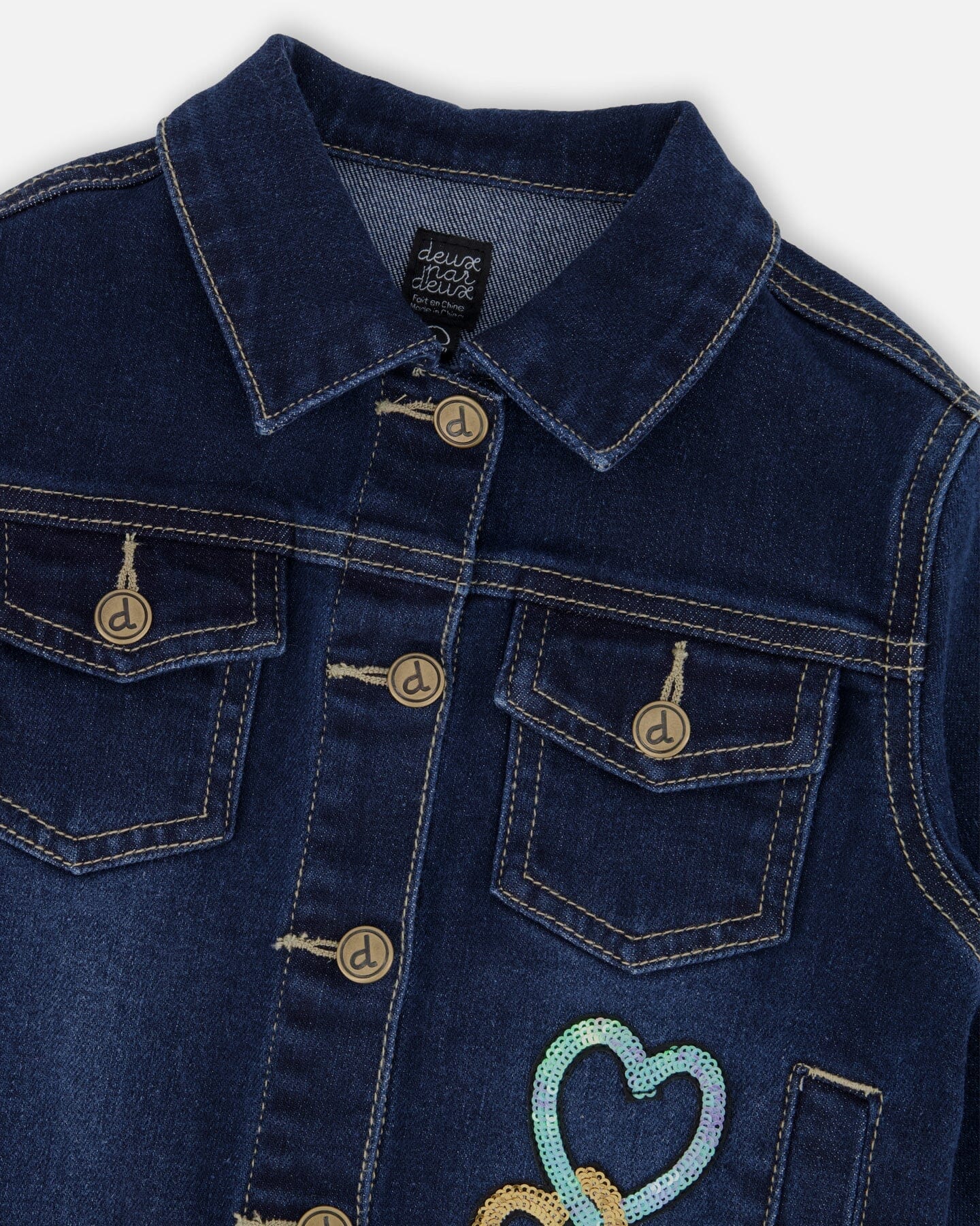 Stretch Denim Jacket Dark Blue With Glittery Hearts And Unicorn - Deux par Deux