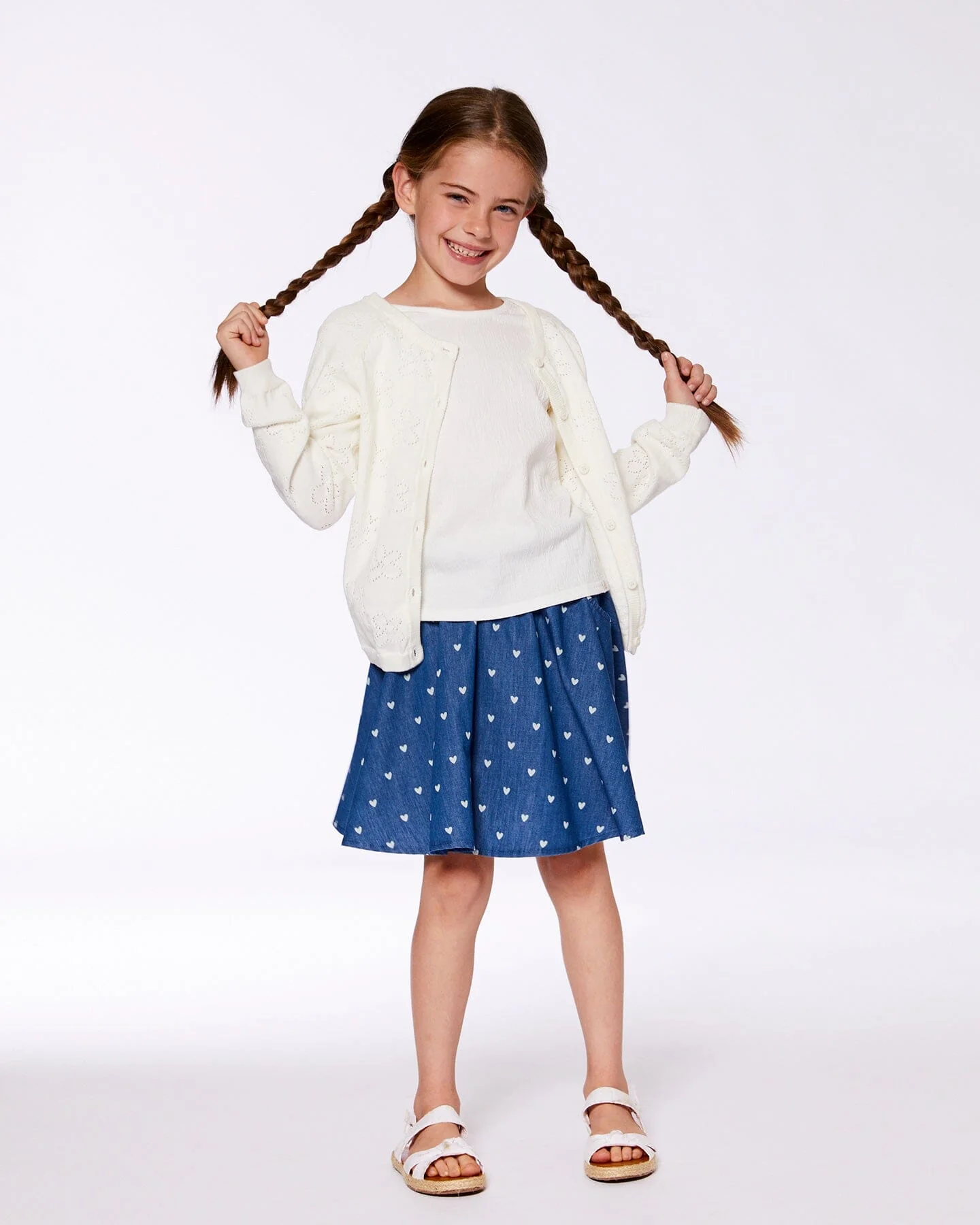 Printed Chambray Skort Navy Blue And White Hearts - Deux par Deux