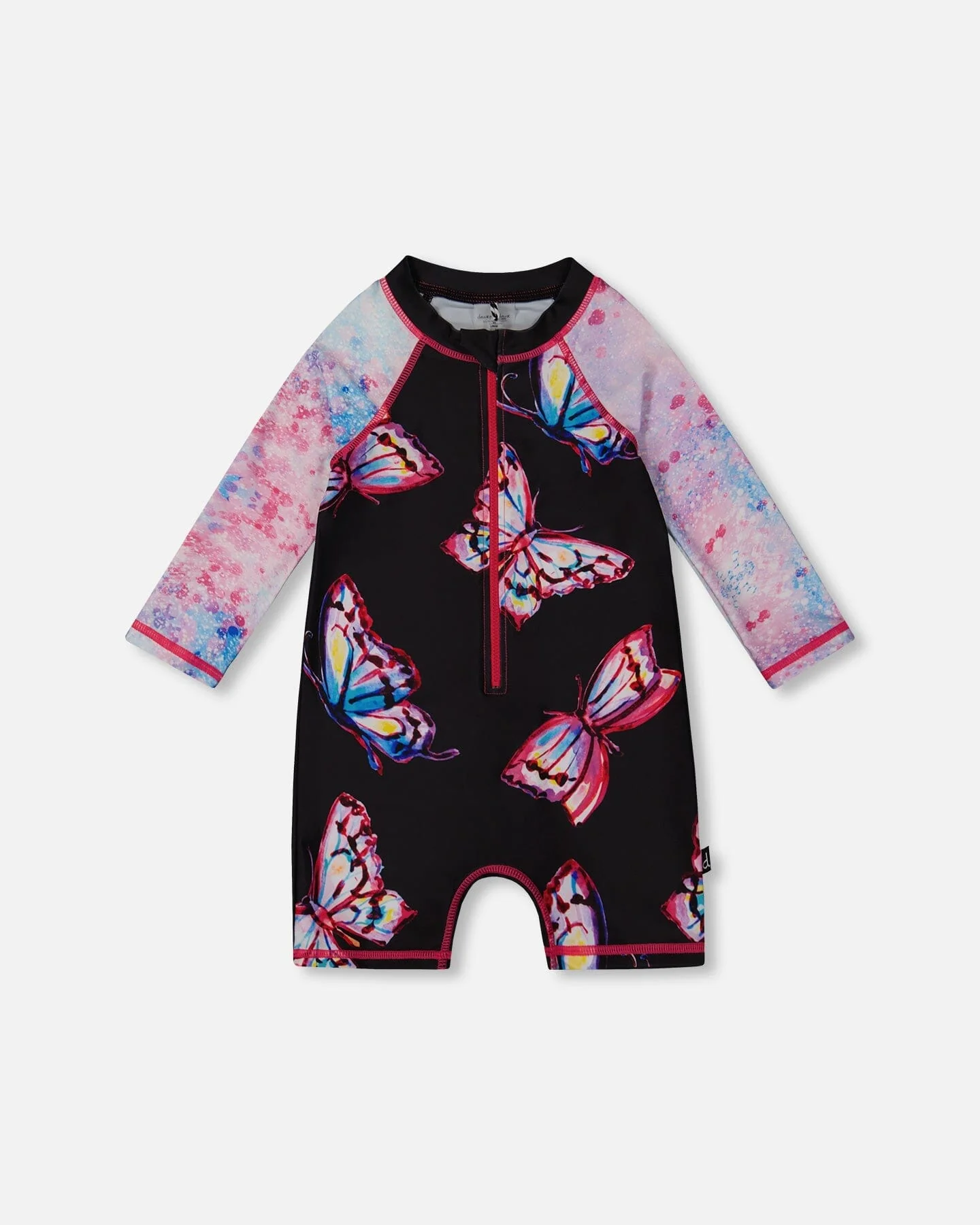 Printed Long Sleeve One-Piece Rashguard Black And Multicolored Butterflies - Deux par Deux