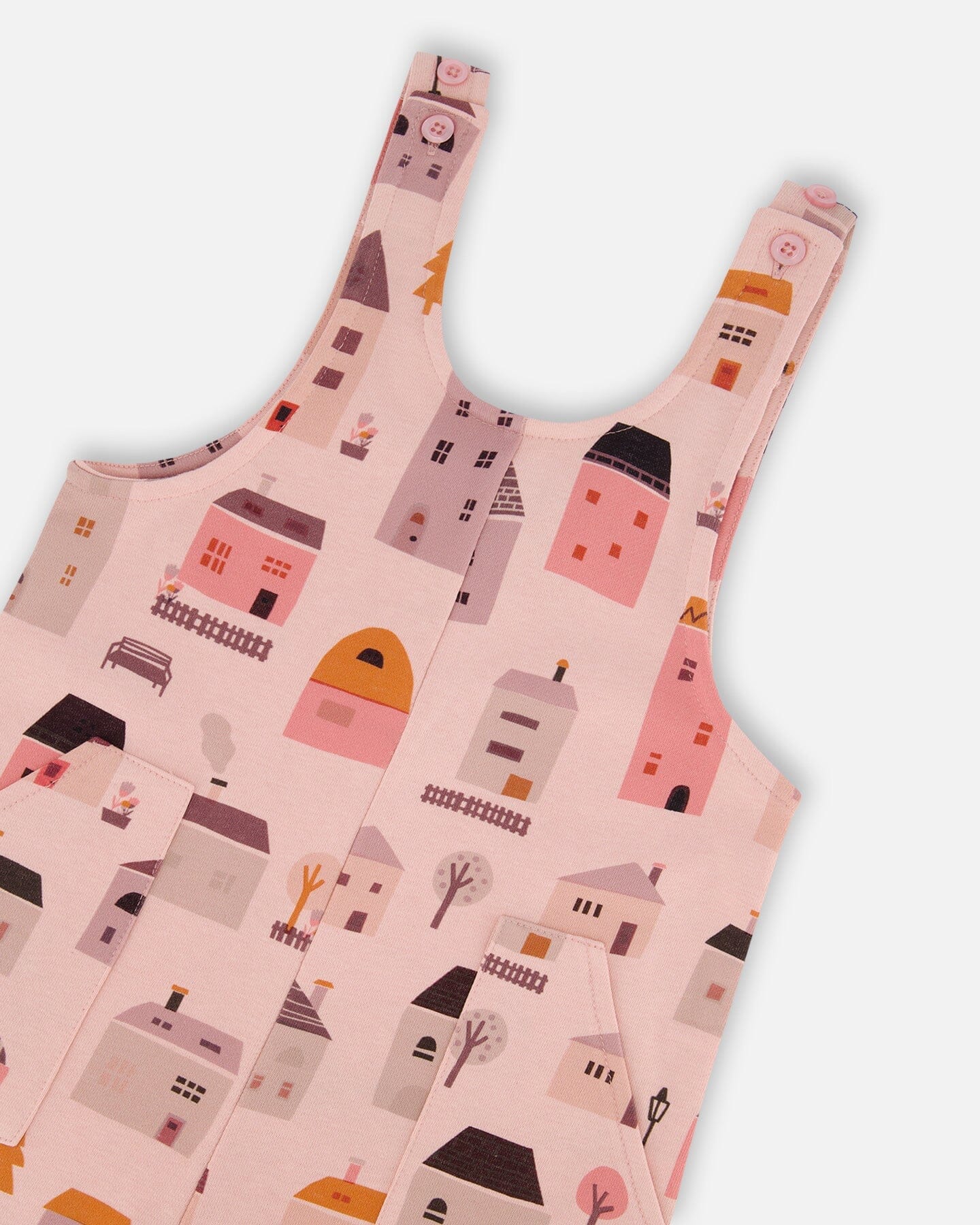 Printed French Terry Overalls Pink And Coral Houses - Deux par Deux