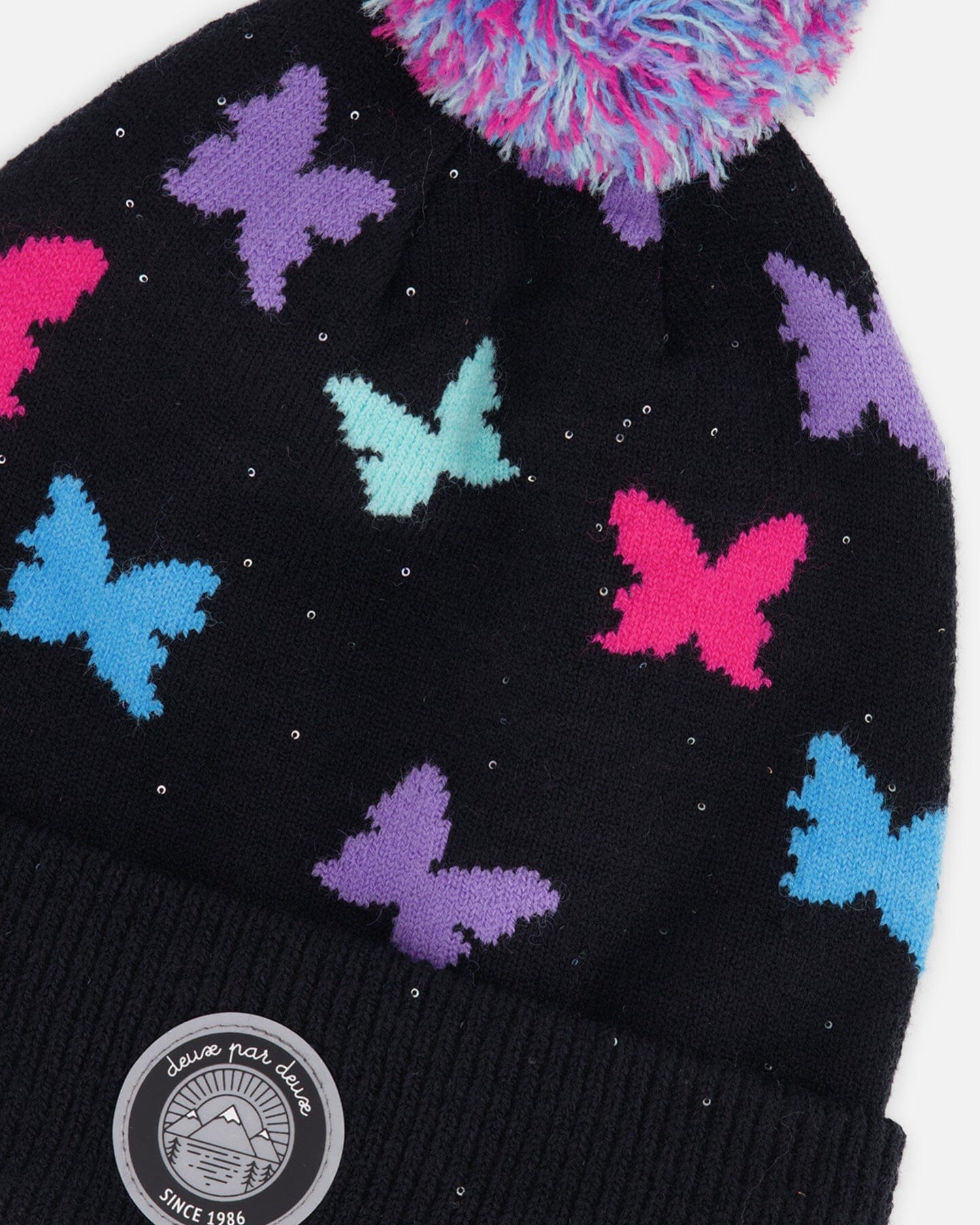 Lined Knit Pompom Hat Black Butterfly Pattern - Deux par Deux