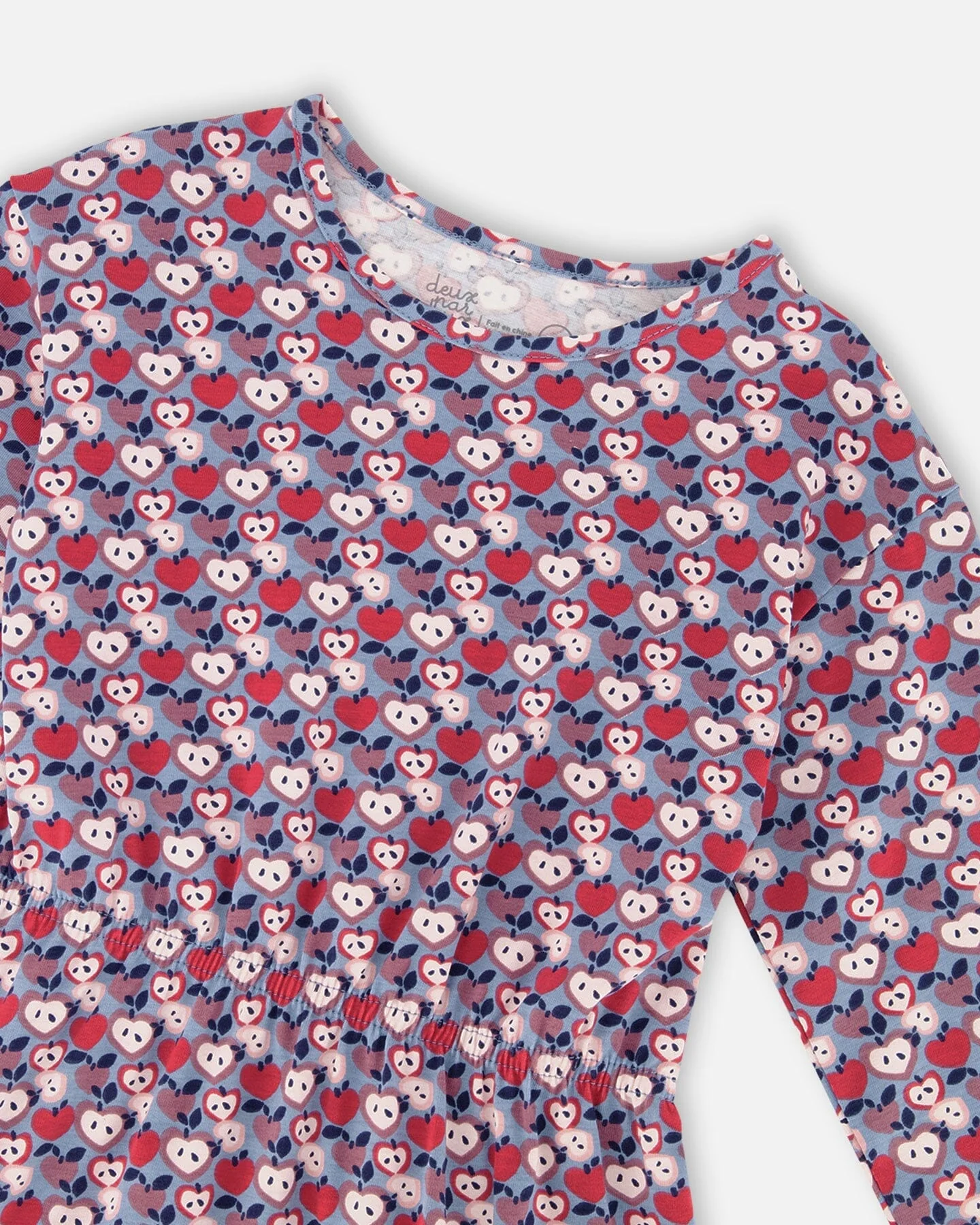 Organic Cotton Dress With Flounce Hem Blue Apple Print - Deux par Deux