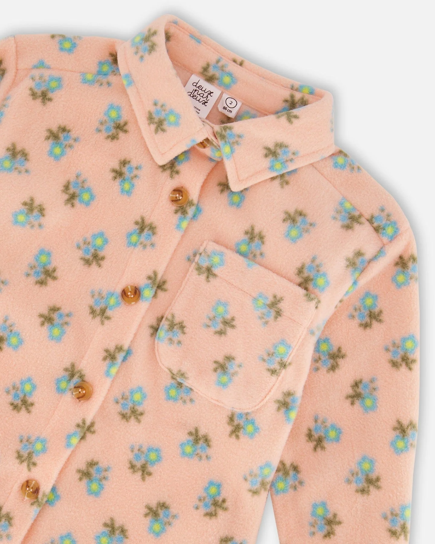 Printed Polar Fleece Shirt Peach With Blue Flowers - Deux par Deux