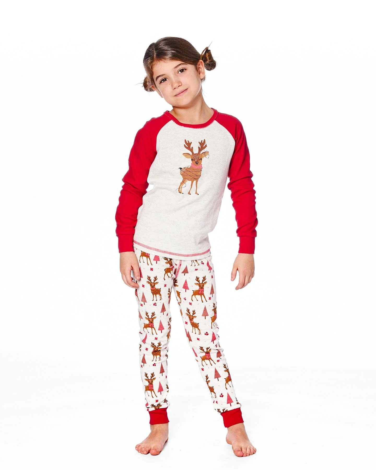 Organic Cotton Two-Piece Pajamas Beige Girly Reindeer Print - Deux par Deux