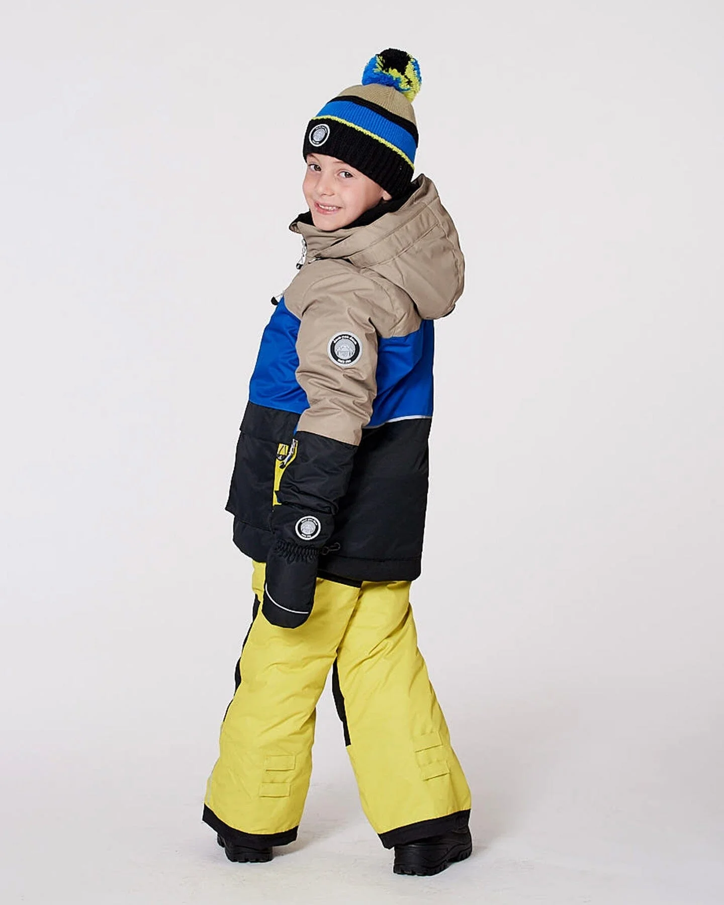 Lined Knit Pompom Hat Black, Taupe And Lime Green - Deux par Deux