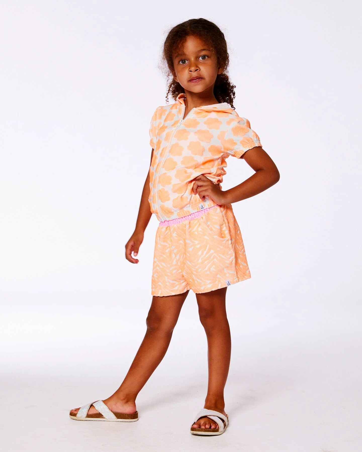 Printed Terry Short Sleeve Hoodie Cardigan Vibrant Orange And White - Deux par Deux