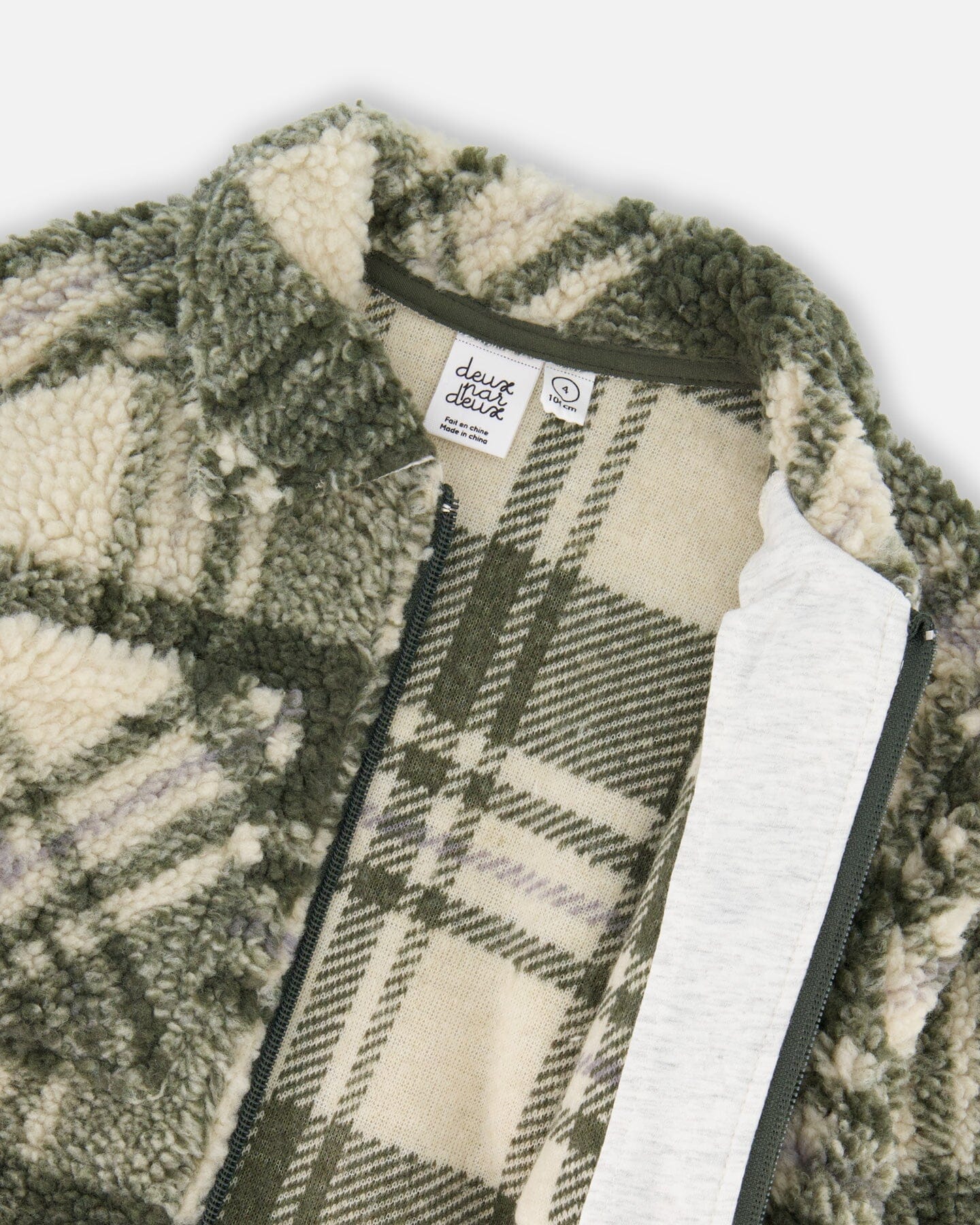 Sherpa Long Sleeve Zip Front Overshirt Sage And Beige Plaid - Deux par Deux