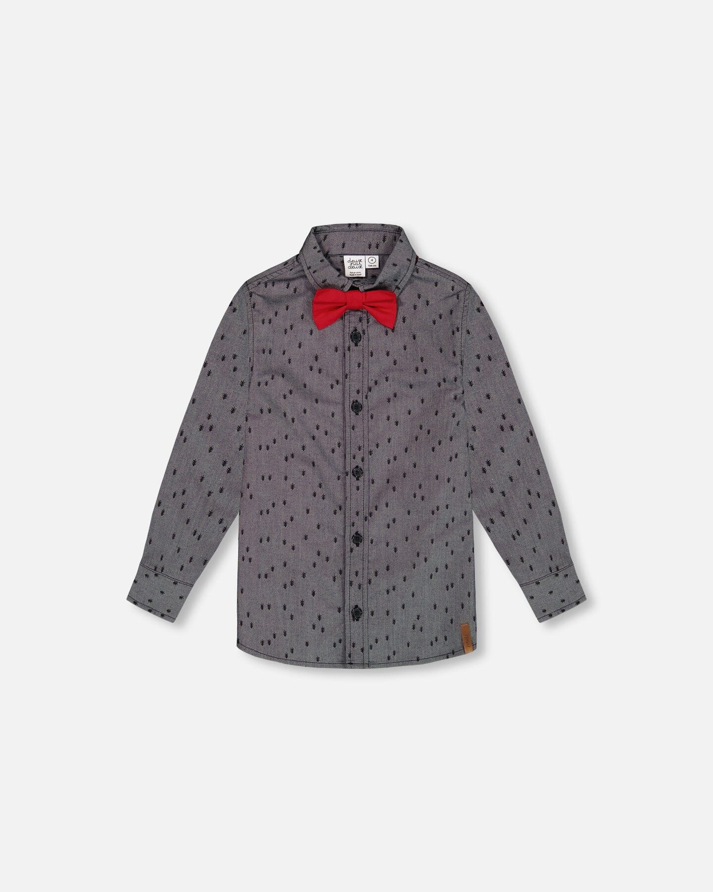 Printed Pine Chambray Shirt With Bow Tie Gray - Deux par Deux