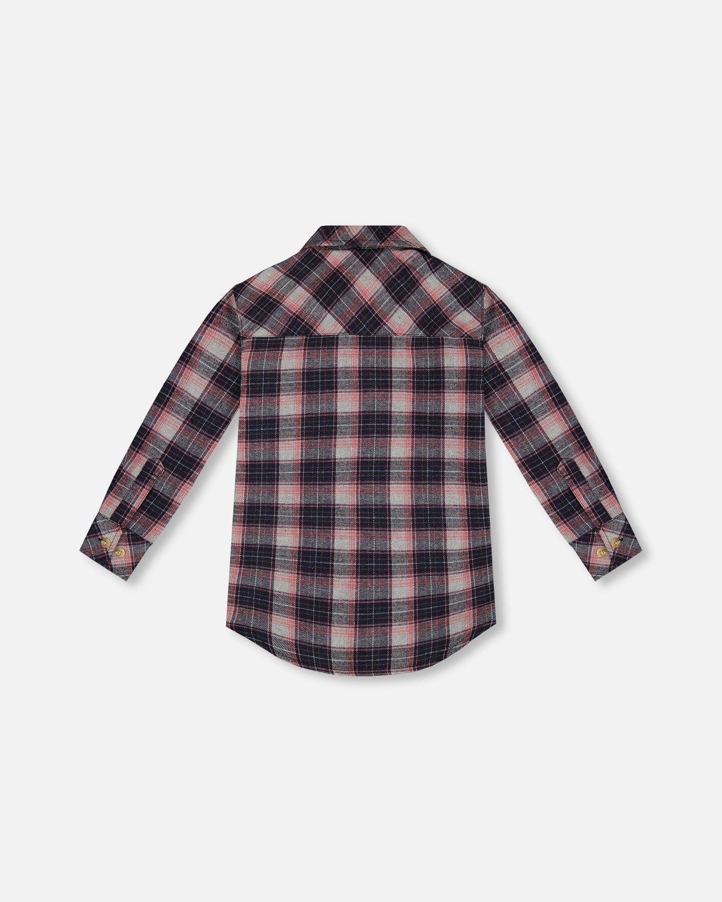 Long Sleeve Button Front Tunic Flannel Shirt Plaid Navy And Pink - Deux par Deux