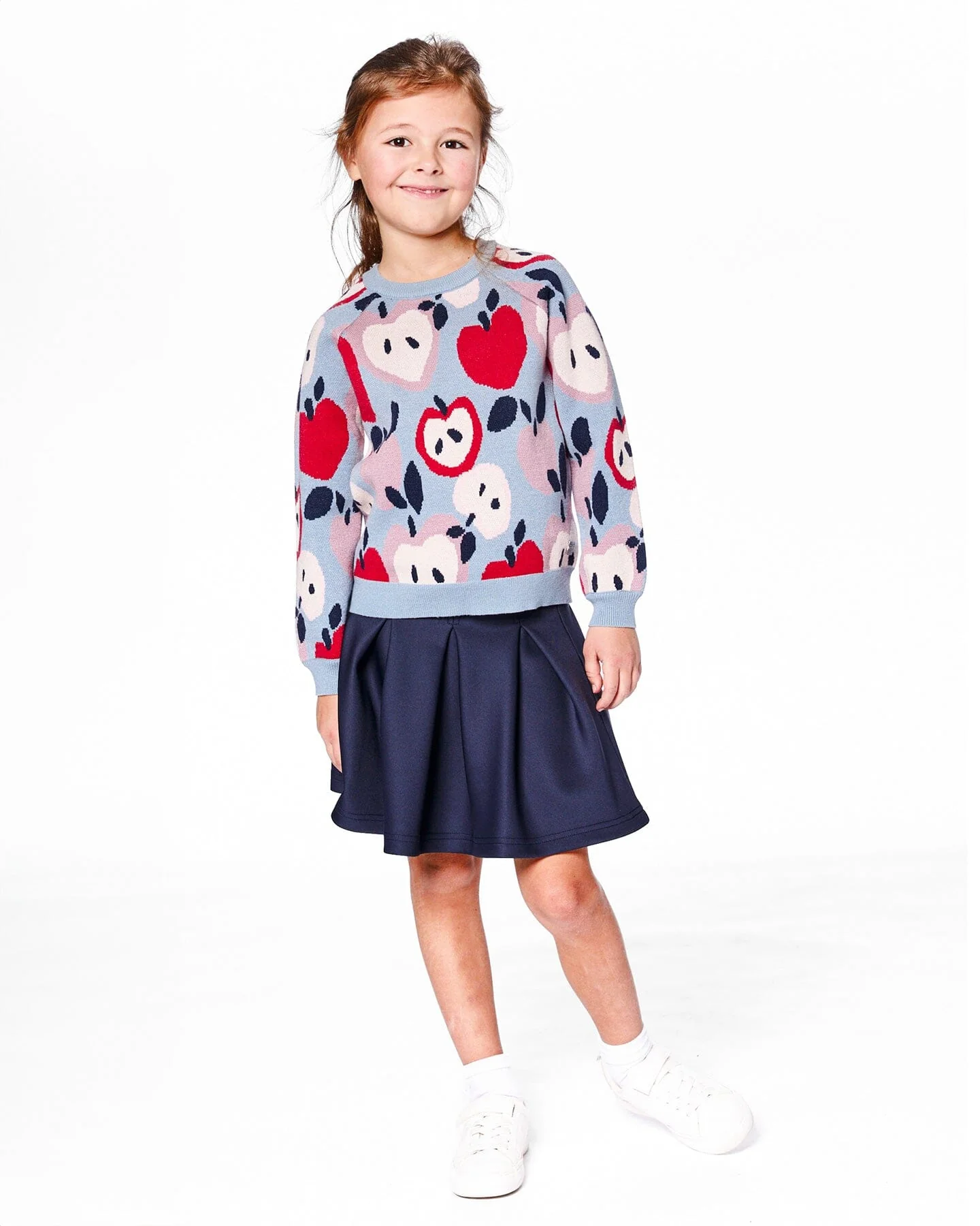 Knit Sweater Blue And Red With Apple Heart Jacquard - Deux par Deux