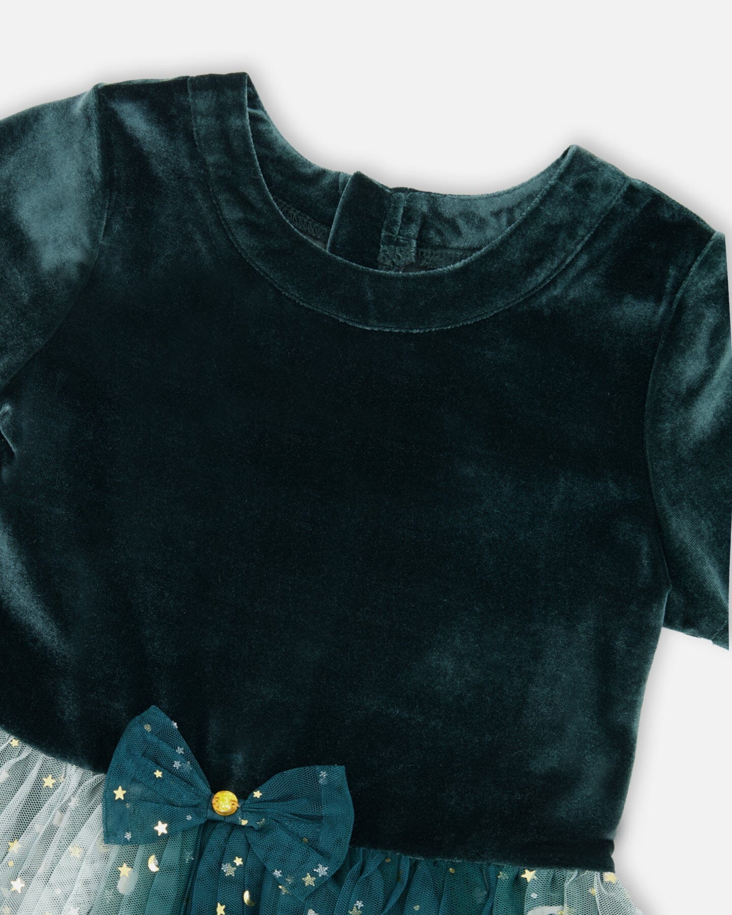 Bi-Material Short Sleeve Party Dress Forest Green - Deux par Deux